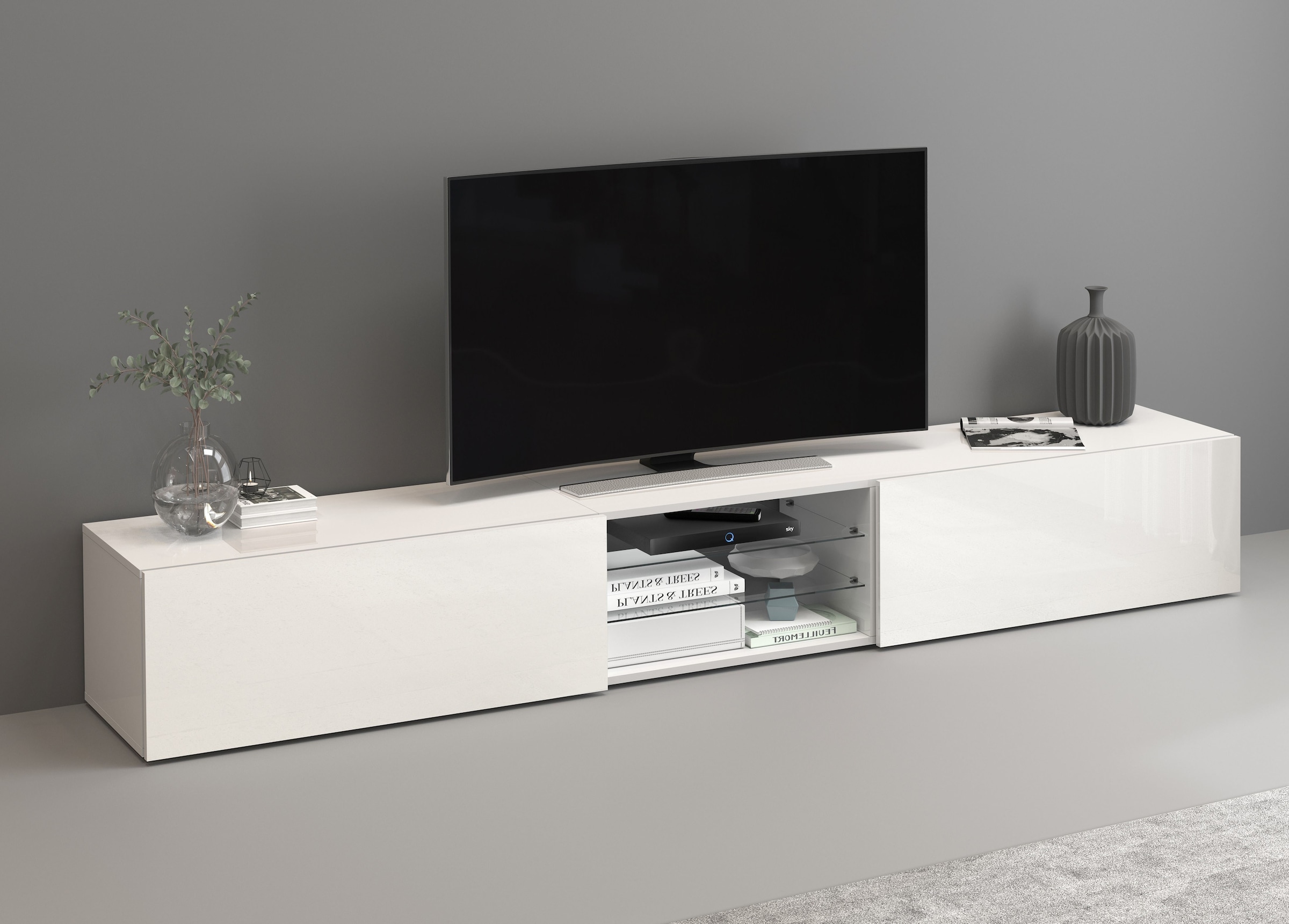 INOSIGN Lowboard »Egypt,Lowboard,TV-Kommode,TV-Möbel,TV-Bank«, mit 2 Klappen, 2 Glasböden,kompl. Hochgl. lackiert (B/T/H)240x38x35 cm