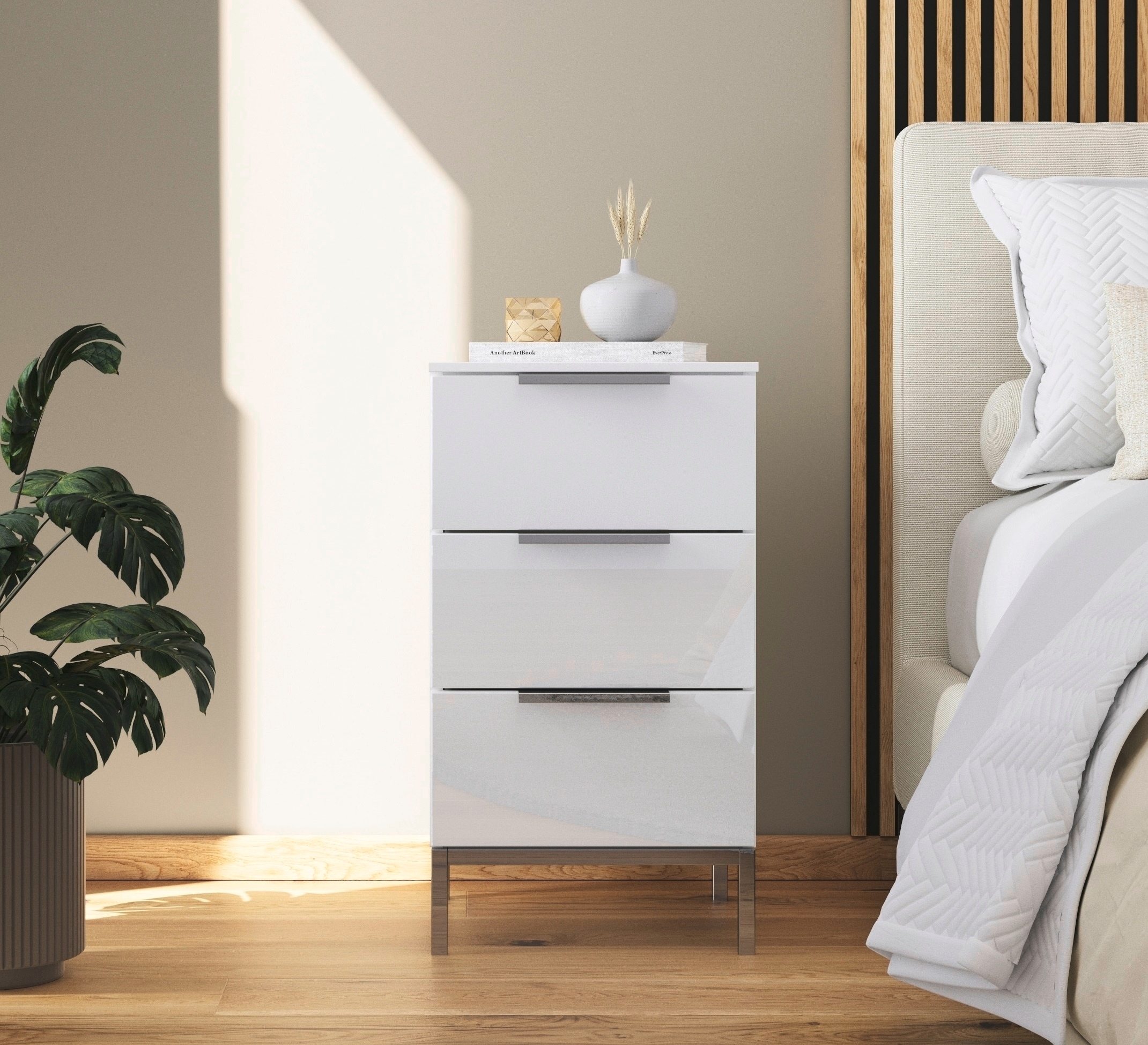 rauch Nachtkommode »Nachttisch Nachtschrank Nachtkonsole FLIPP mit Glasfront«, (Breite 40 cm), mit 3 Schubladen und Soft-Close-Funktion sowie Glasfront