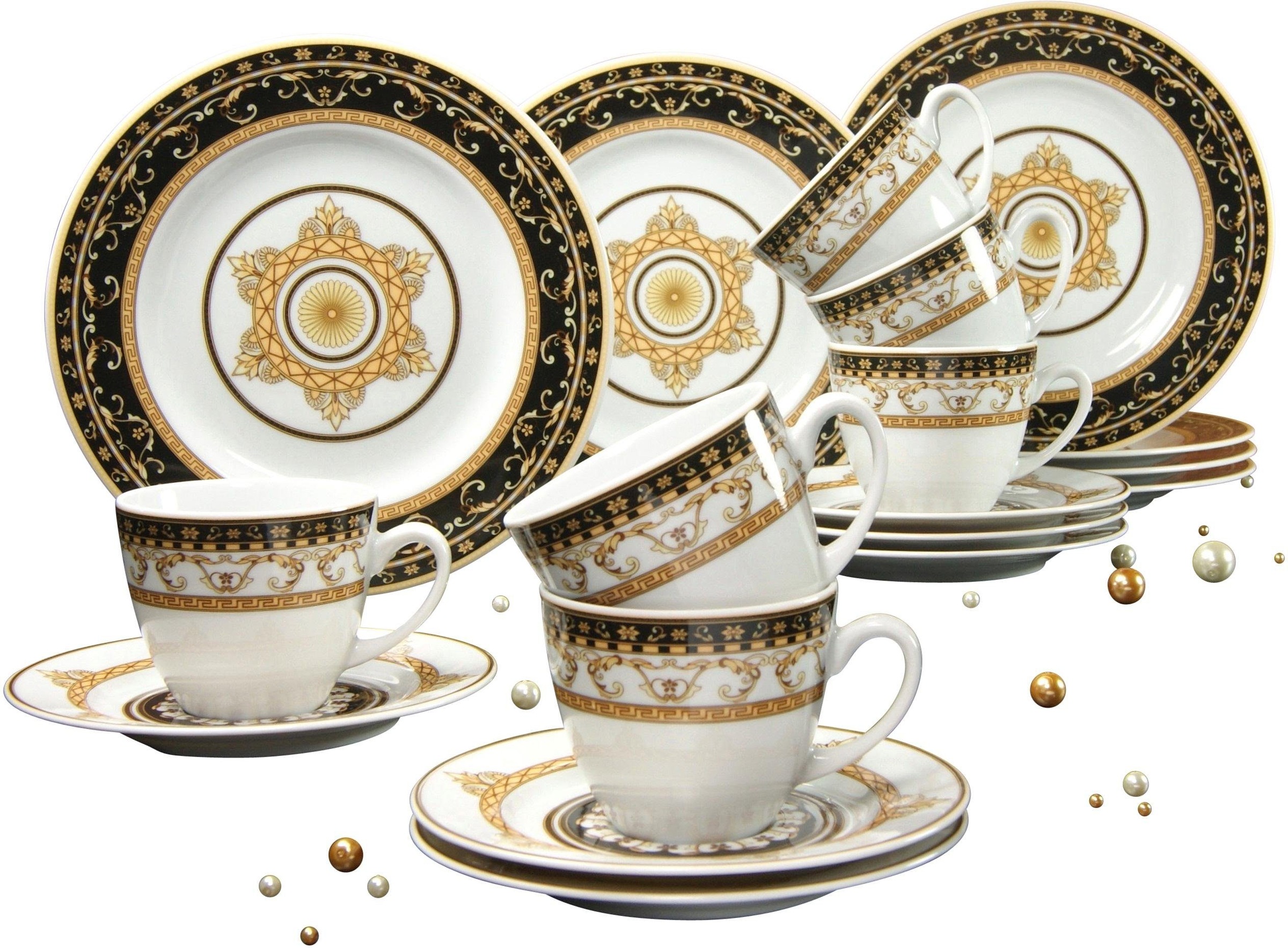 CreaTable Kaffeeservice "Geschirr-Set Majestosa" Service, Dekor schwarz abgesetzt, 18 Teile, für 6 Personen