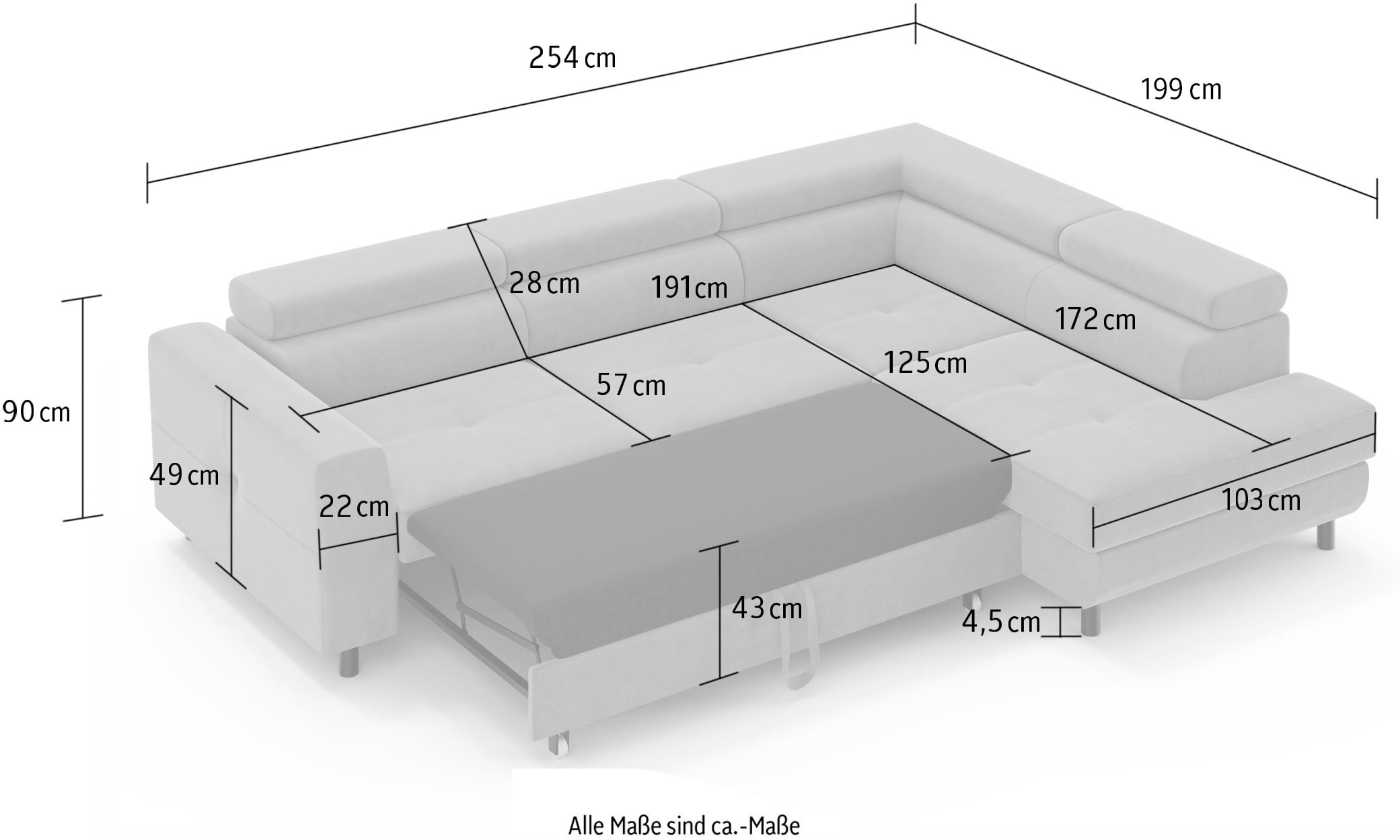OTTO home Ecksofa »AADEN Schlafsofa 254 cm - OTTO. Verlässliche Qualität.« mit Bettfunktion, Bettkasten, Kopfstützen, rechts/links bestellbar