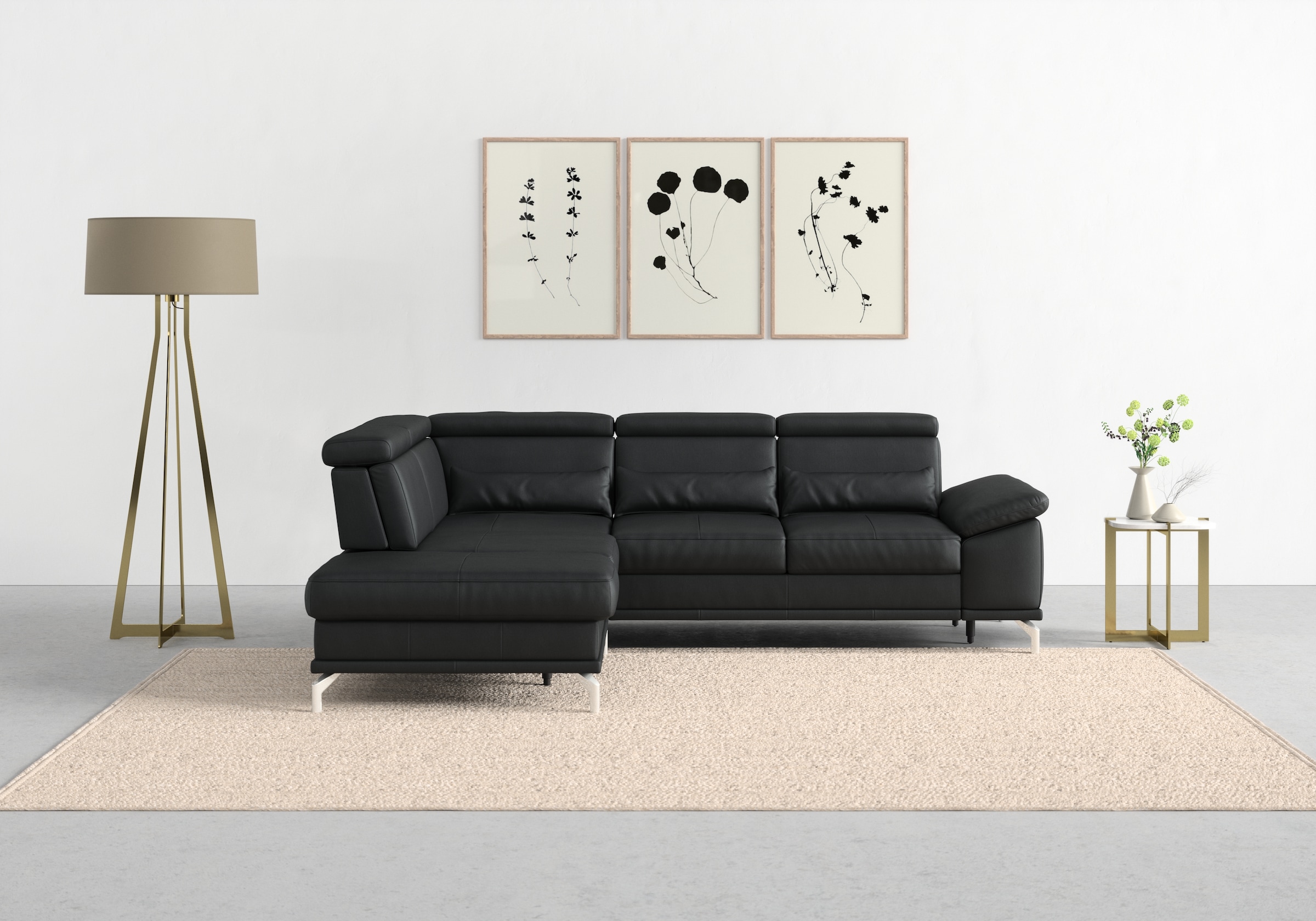 sit&more Ecksofa »Cabrio L-Form, B: 274 cm, mit Sitztiefen-, Arm- & Kopfteilverstellung«, 3 Nierenkissen, Federkern, optional Bettfunktion und Stauraum