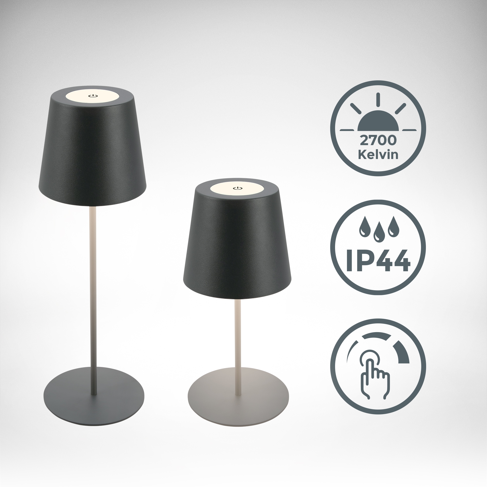 B.K.Licht Außen-Tischleuchte »BK_TL1593 Akku LED Tischlampe, 3-Stufen Touchdimmer, mit USB« LED-Modul 1 Stk. Extra-Warmweiß 2.700 K, 200 Lm, 2,5W, IP44, 12h Leuchtdauer, 36 x 10,5 cm, Anthrazit