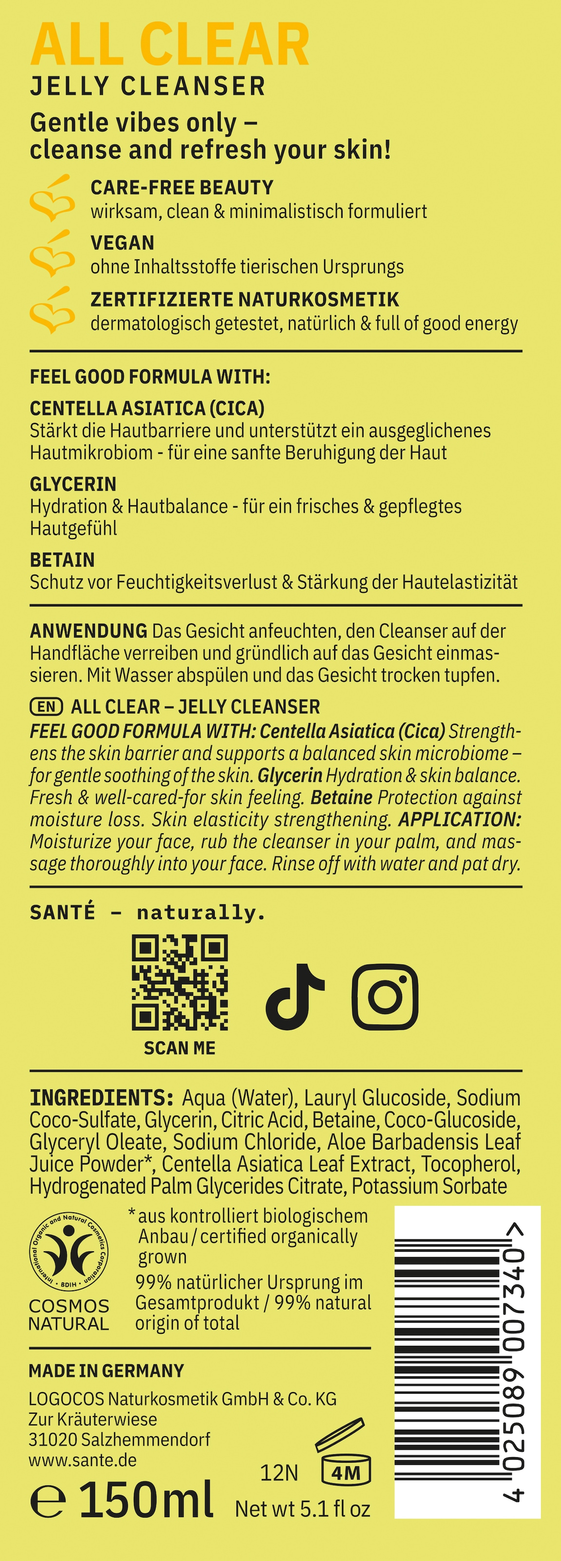 SANTE Gesichtsreinigungsgel »All Clear Jelly Cleanser« für Gesicht und Augenpartie, 600 ml Inhalt
