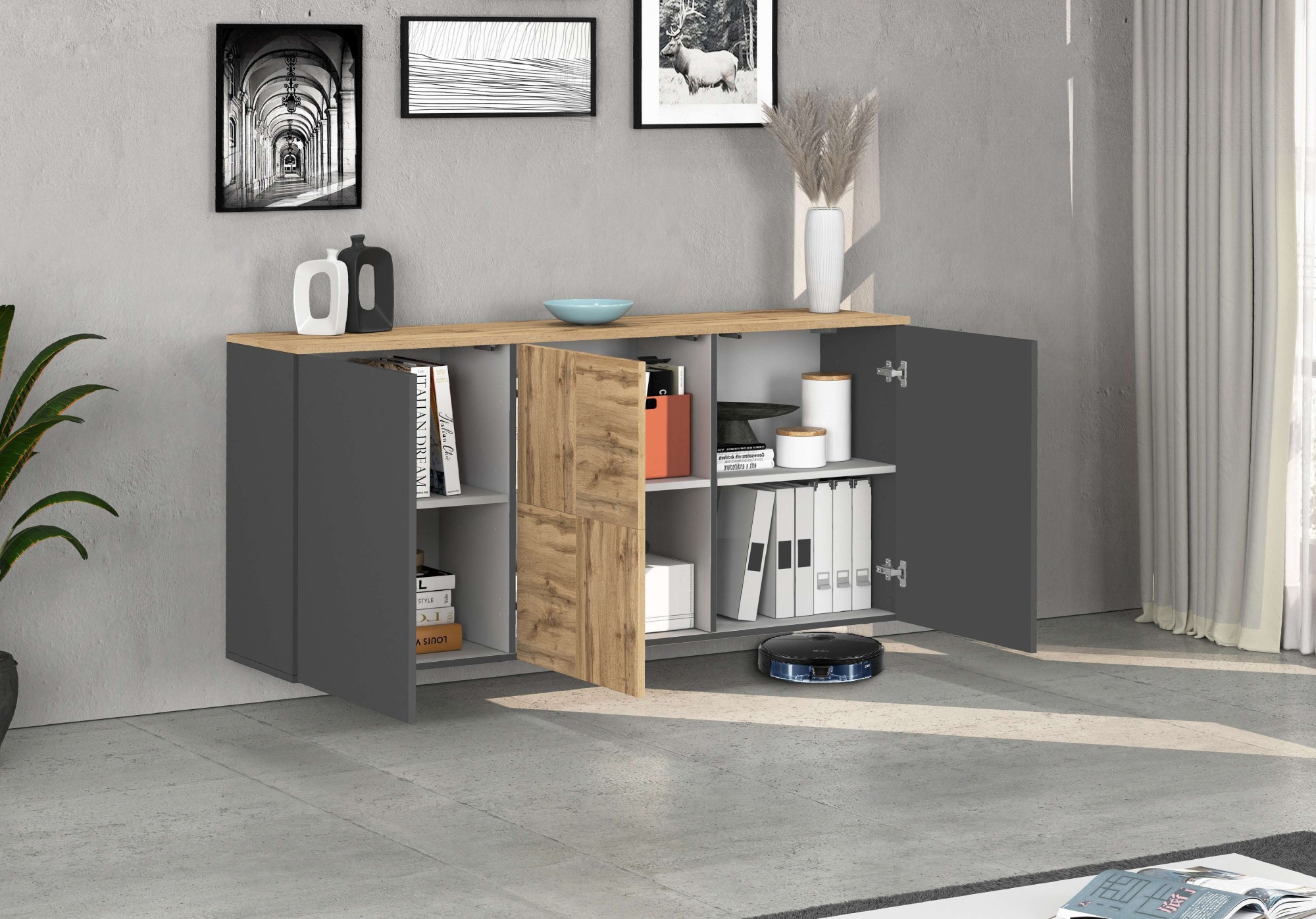 OTTO home Sideboard »ISEO, Kommode, Schrank, Sideboard, Lowboard, 6 Fächer, Breite 150 cm« 1 Stk. tlg. stehend/hängend, 3 Türen, 6 Fächer, Breite 150 cm