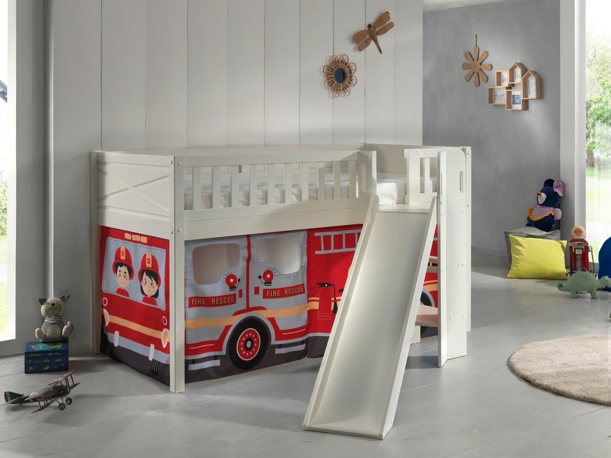 Vipack Hochbett »Scott«, (Made in Europe), m. Rutsch-/Leiterturm, LF 90x200 cm, Vorhang, Tunnel, 7 Designs