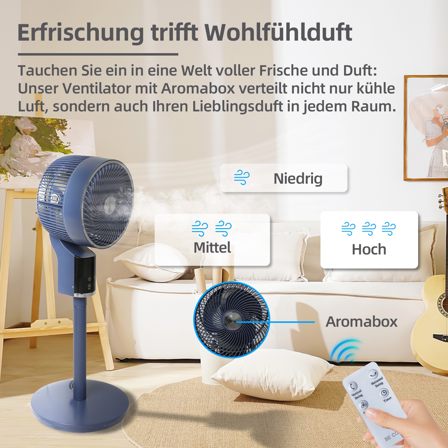 be cool Standventilator »Design-Standventilator 26cm mit 3D-Oszillation & Aromabox blau«, 3D-Osszilation, Aromabox