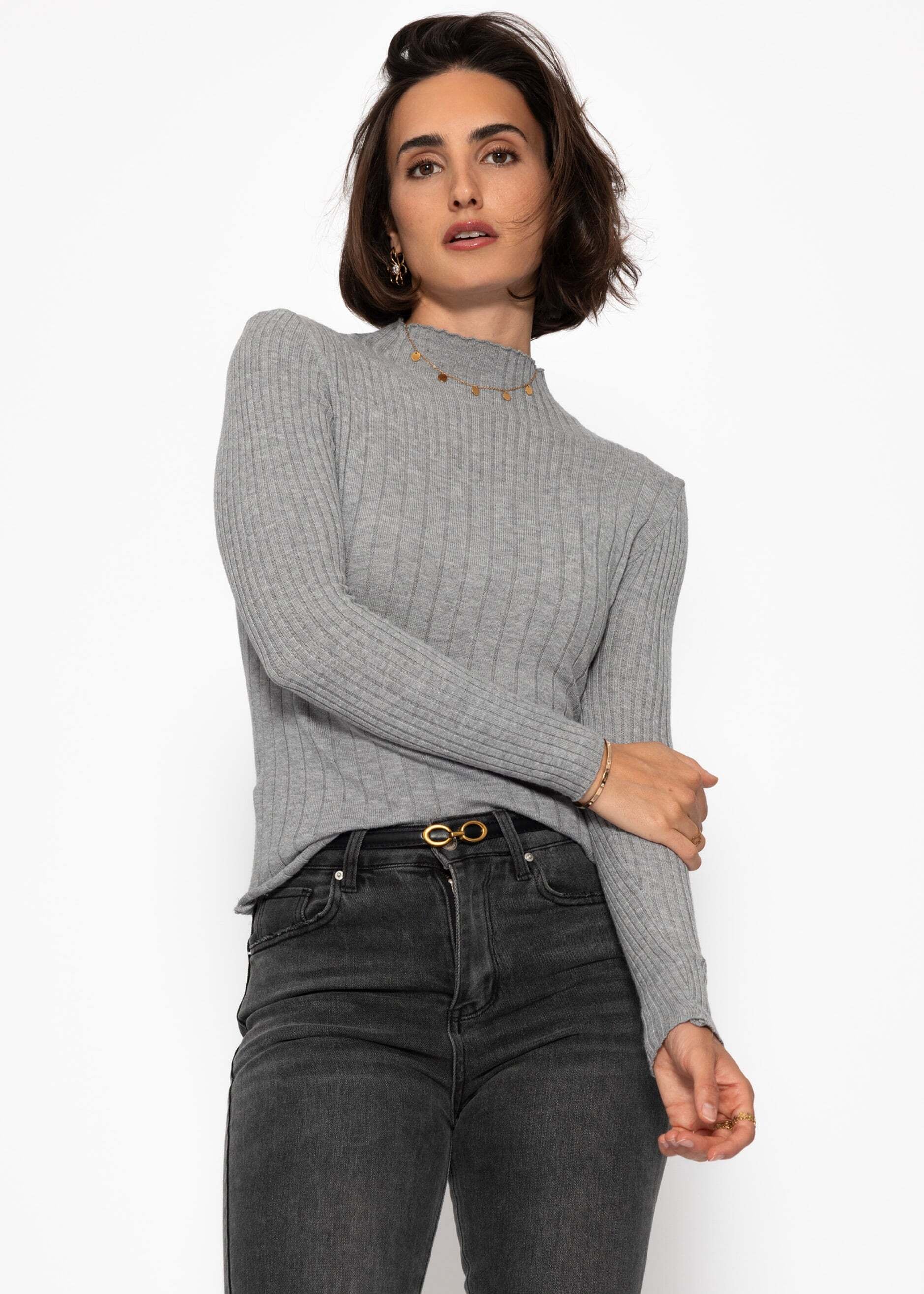 SASSYCLASSY Stehkragenshirt »Rippstrickoberteil mit Stehkragen« Figurbetonter Feinstrickpullover mit Viskoseanteil Grau Beige Rosa