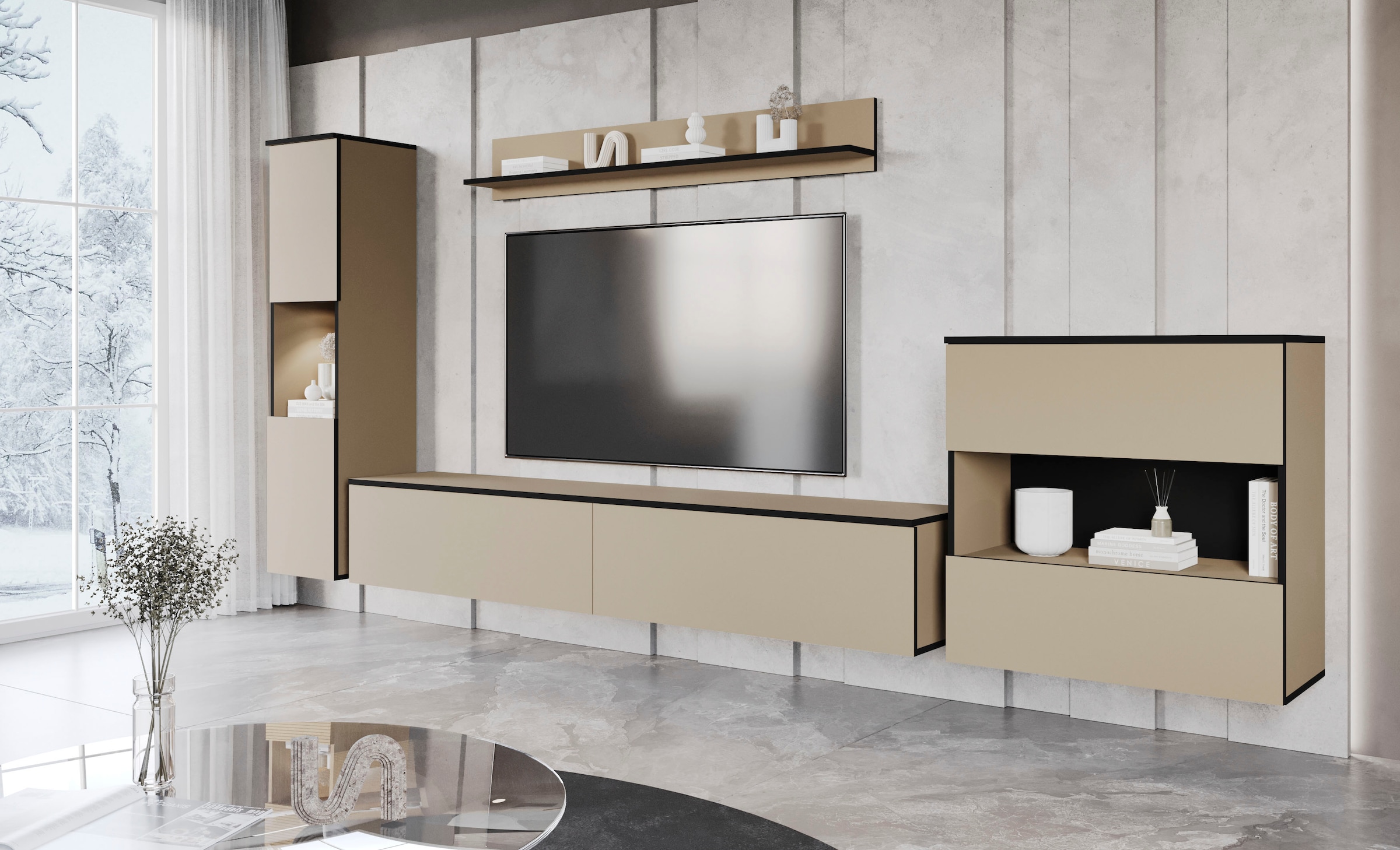 INOSIGN Wohnwand »PARIS, Vitrine Türanschlag links/rechts wechselbar«, (Komplett-Set, 4 St.), grifflose Design, stehend und hängend montierbar