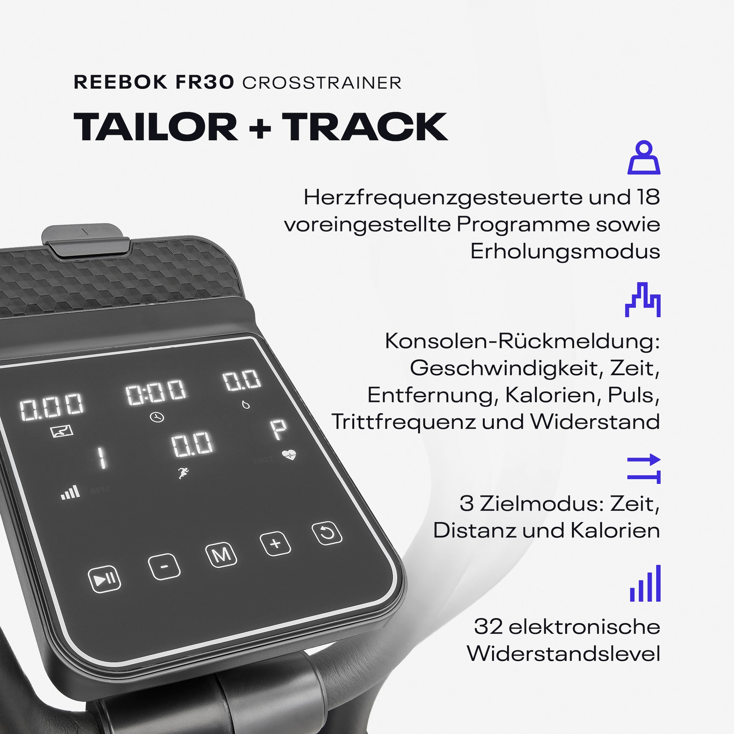 Reebok Crosstrainer-Ergometer »FR30«, (mit Tablet-Halterung und integr. Pulsempfänger), Schwungmasse ca. 4 kg, 18 Widerstandsstufen