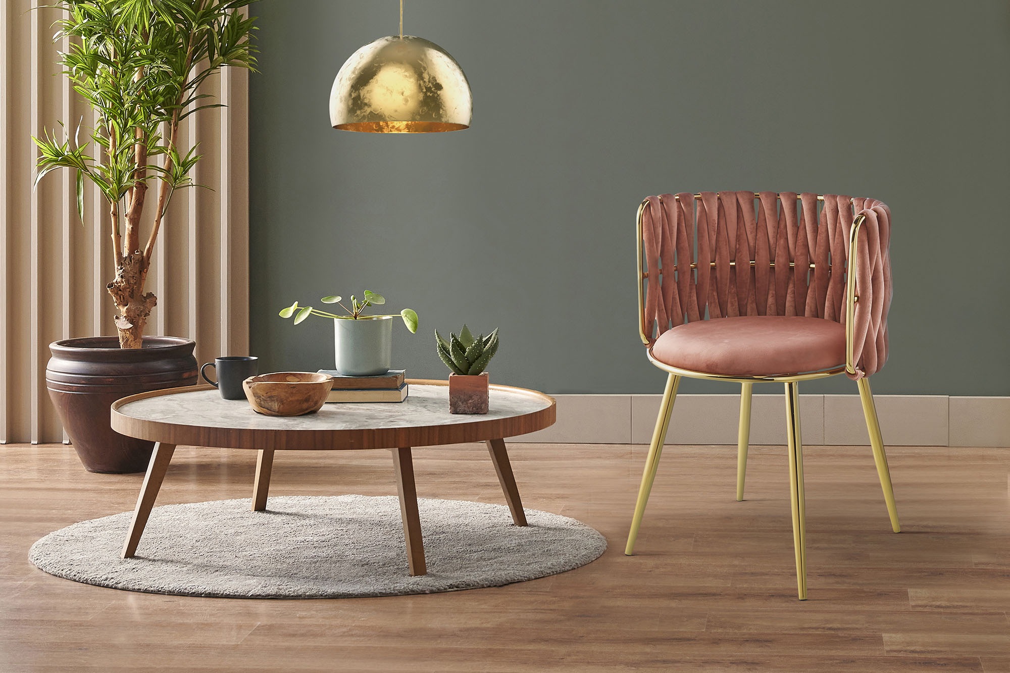 Kayoom Polsterstuhl »Stuhl Melly 125 2er-Set,tolles Design der Rückenlehne, runde Sitzfläch«, (Set), 2 St., ausgefallen geflochtene Rückenlehne, Samtbezug, goldene Beine