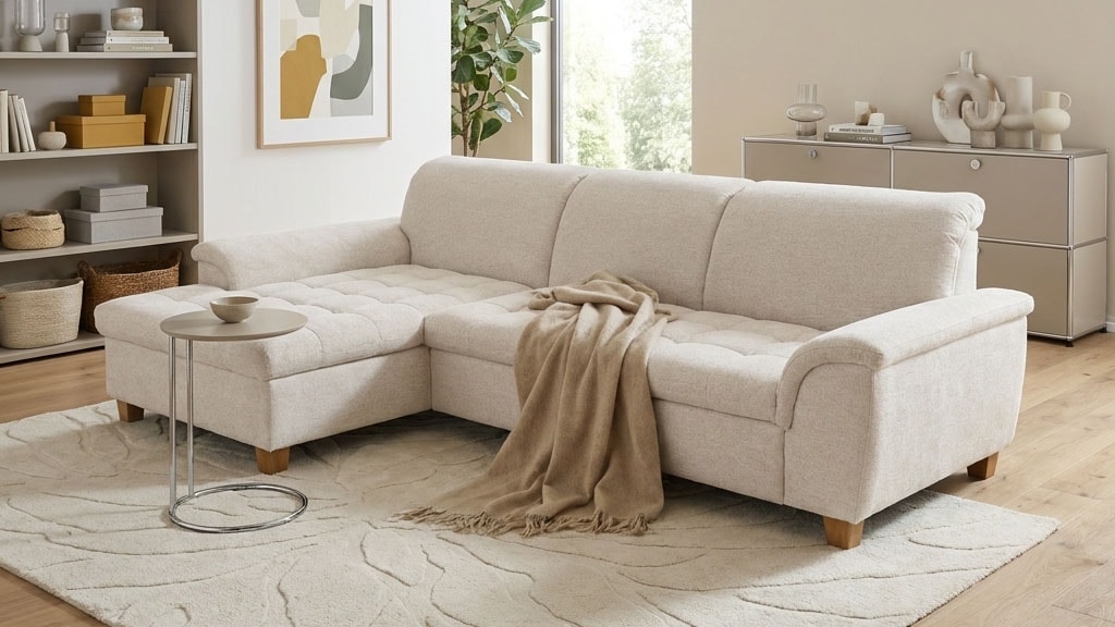 OTTO home Ecksofa »Eggery 279 x 170 cm, auch mit Schlaffunktion & Bettkasten, Holzfüße« Kopfteile verstellbar, L-Form, aus pflegeleichtem Luxus-Microfaser