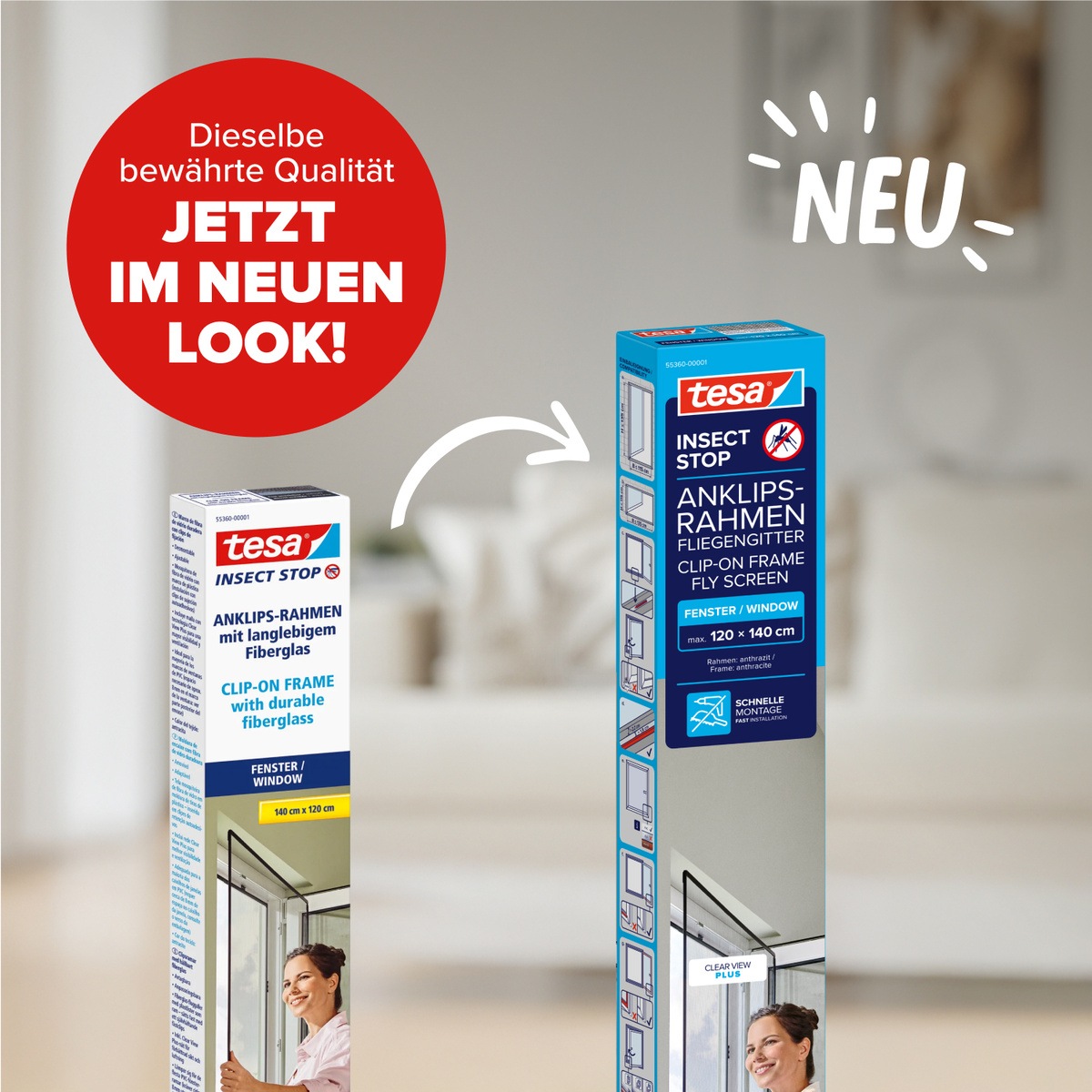 tesa Insektenschutz-Fensterrahmen »Anklips-Rahmen Fliegengitter für Fenster, Anthrazit (Durchsichtig)« Packung, inkl. Fiberglas-Netz in Anthrazit, Rahmen und Halteklip-Lösung, 1 Stk. tlg. INSECT STOP Netz aus Fiberglas, selbstklebende Halte-Klips