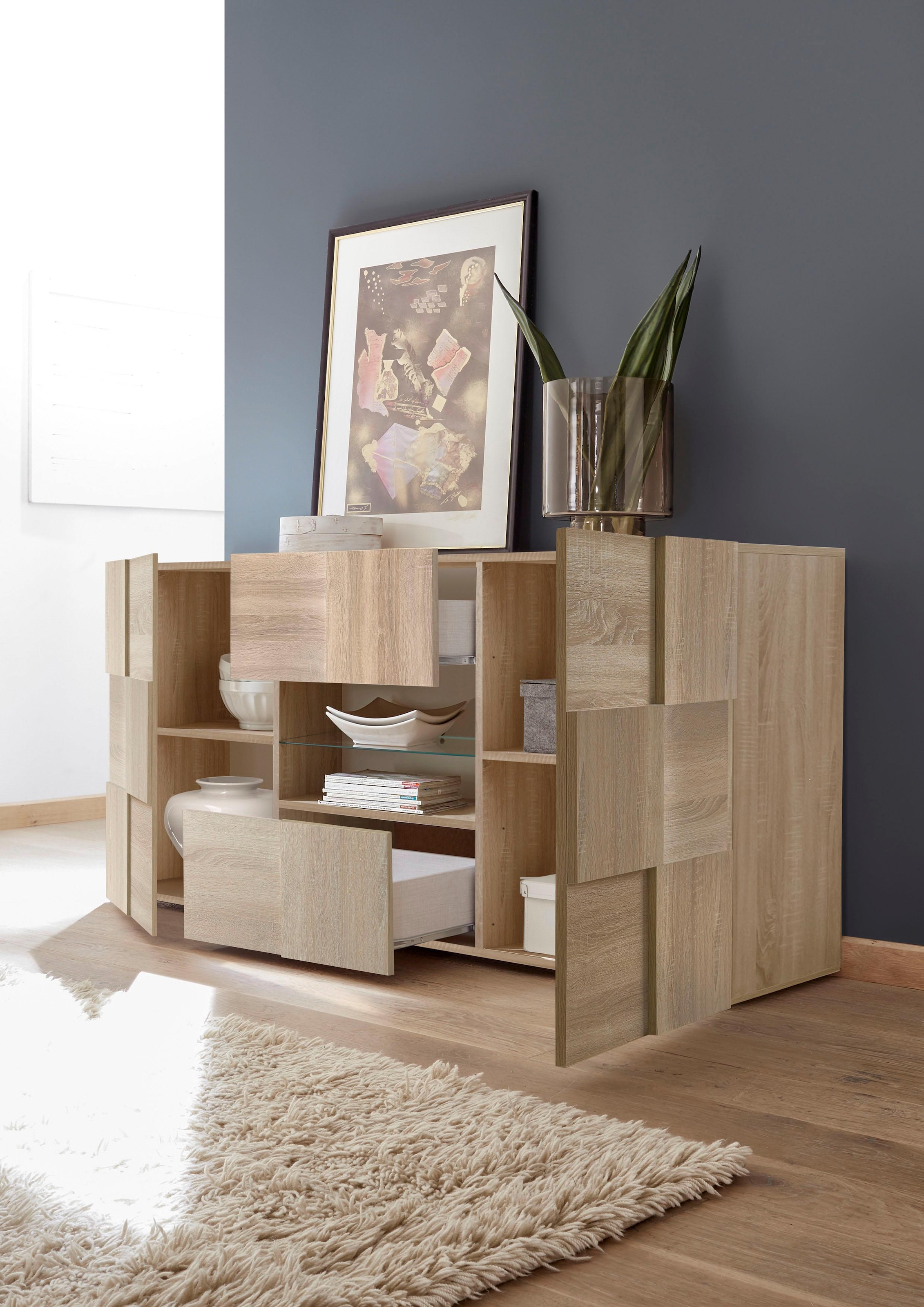 INOSIGN Sideboard »Dama Breite 181, Kommode 2 Türen u. 2 Schubkästen, Anrichte«, Front in 3D-Optik, viel Stauraum, verschiedene Farben