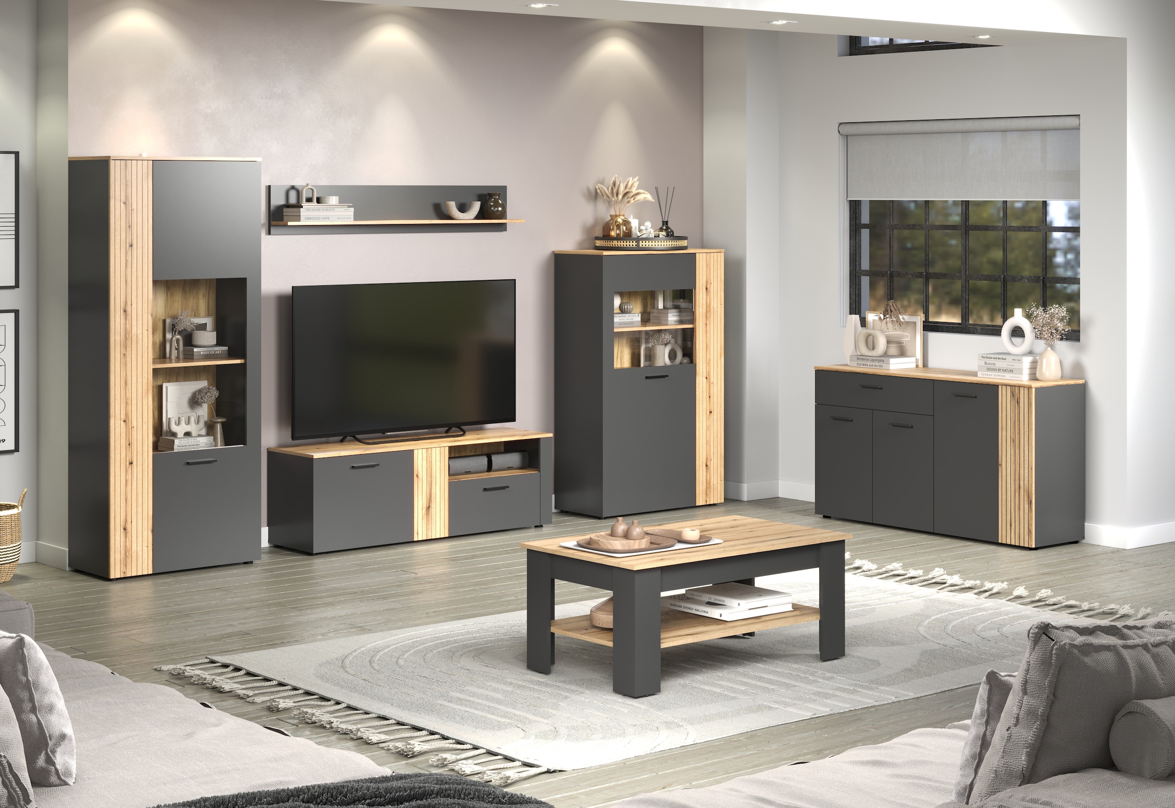 INOSIGN Wohnwand »Estepona«, (Komplett-Set, 4 St.), Wohnzimmermöbel mit Rillenoptik - (B/T/H): 340/42/195 cm