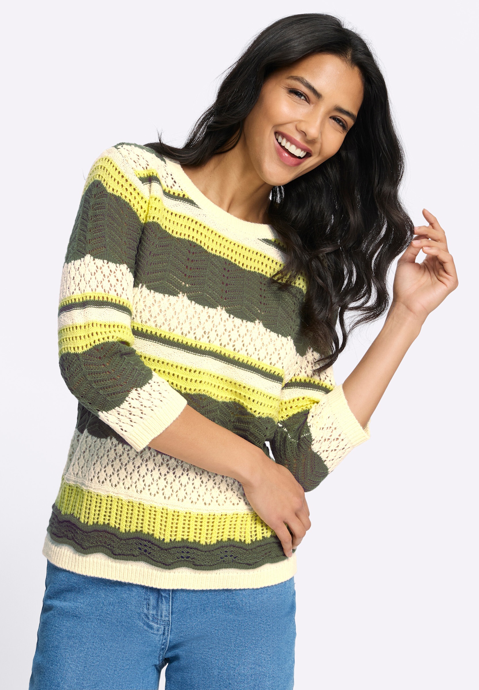 Sieh an! Rundhalspullover »3/4-Arm-Pullover 3/4 Arm-Pullover mit Ajour-Muster«