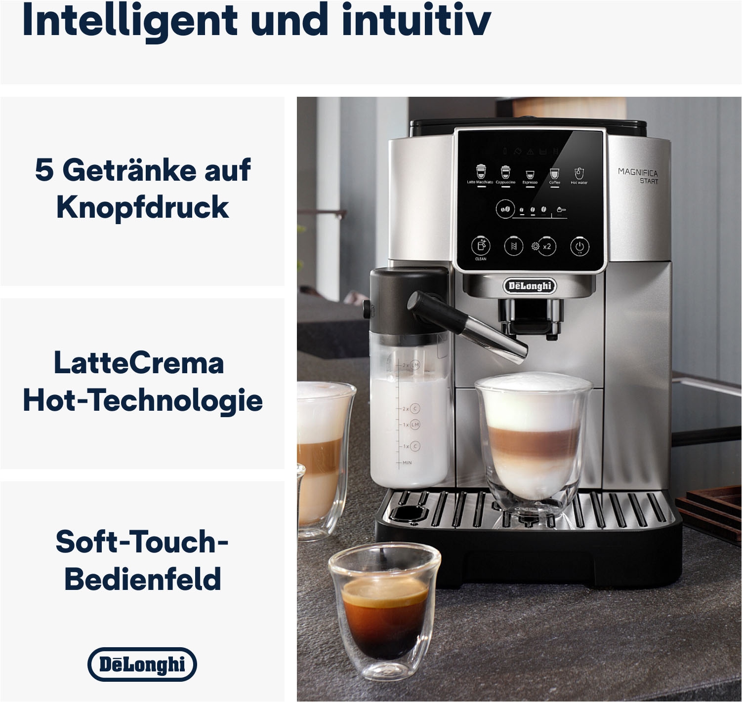 De'Longhi Kaffeevollautomat »Magnifica Start ECAM220.80.SB«, intuitives Bedienfeld mit Soft-Touch-Symbolen, silber-schwarz