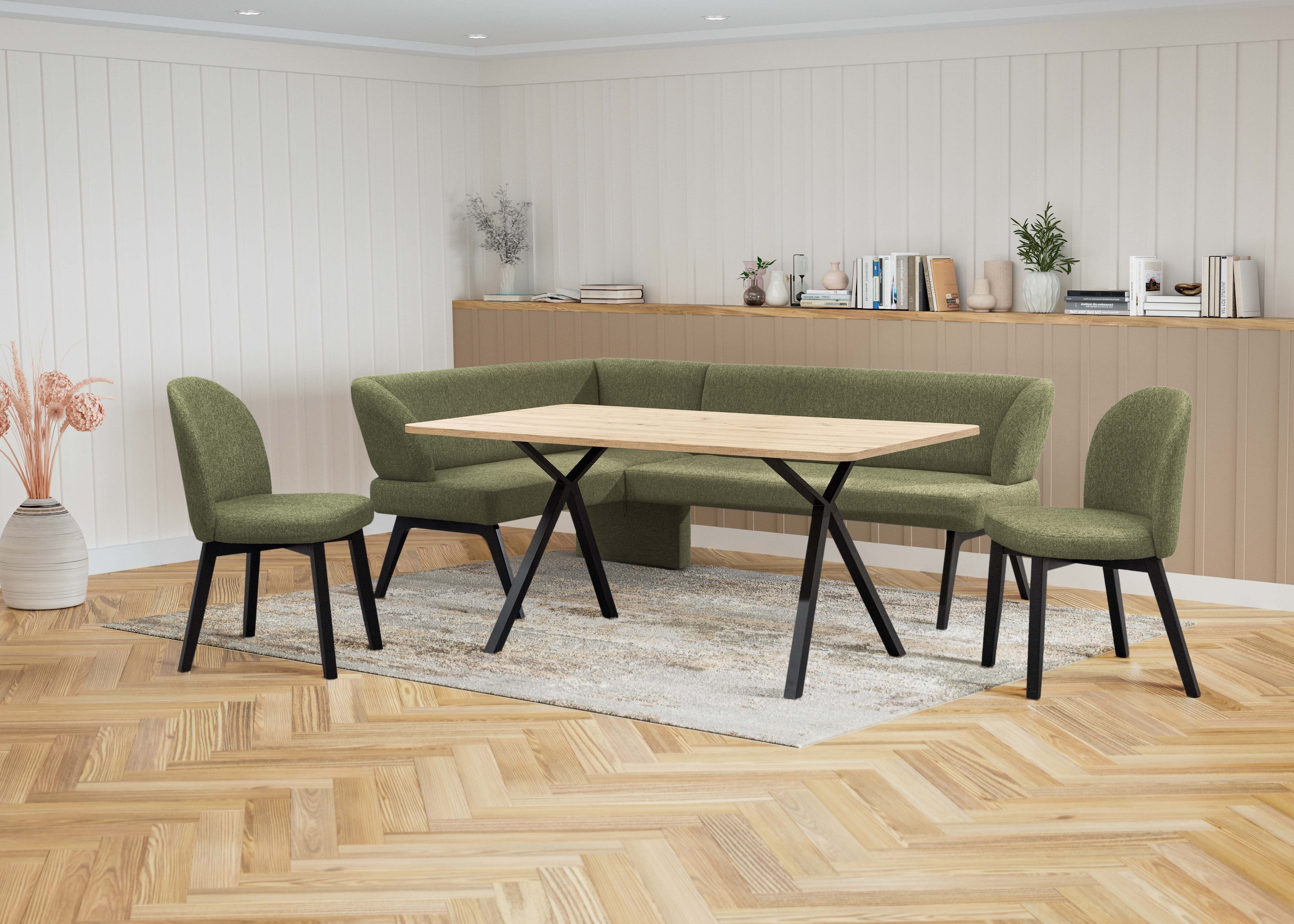 Home affaire Eckbankgruppe »Aretha Essecke, Sitzgruppe, Eckbank, Küchenbank«, (Set, 4 tlg., 4er), Esszimmer Sitzgruppe, Tisch, Stühle und Bank gepolstert, Nosagfederung