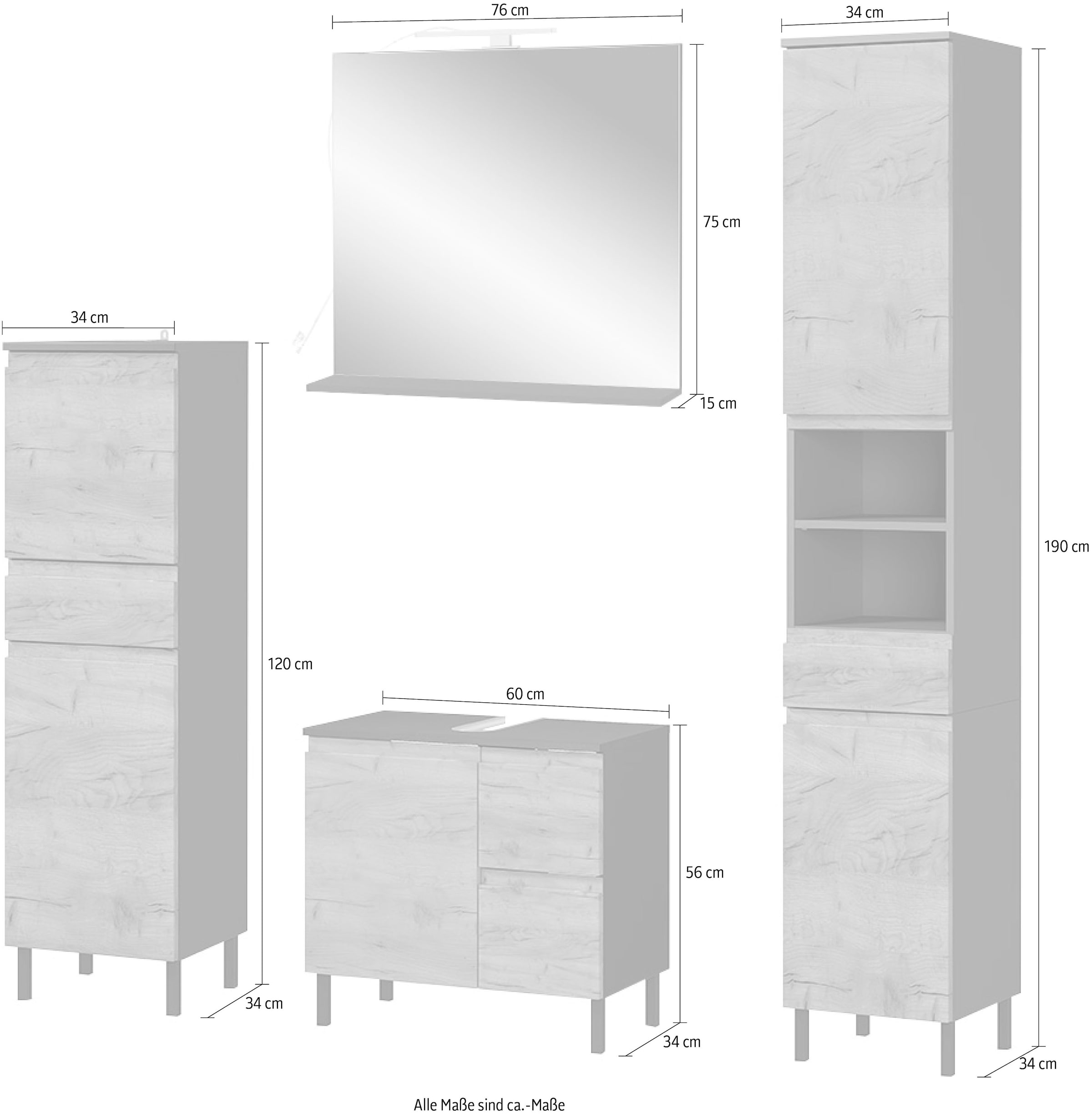 Hochschrank GERMANIA bei Spiegel, aus 4 ♕ St.), Midischrank, Badmöbel-Set »Scantic«, Waschbeckenunterschrank, (Set,