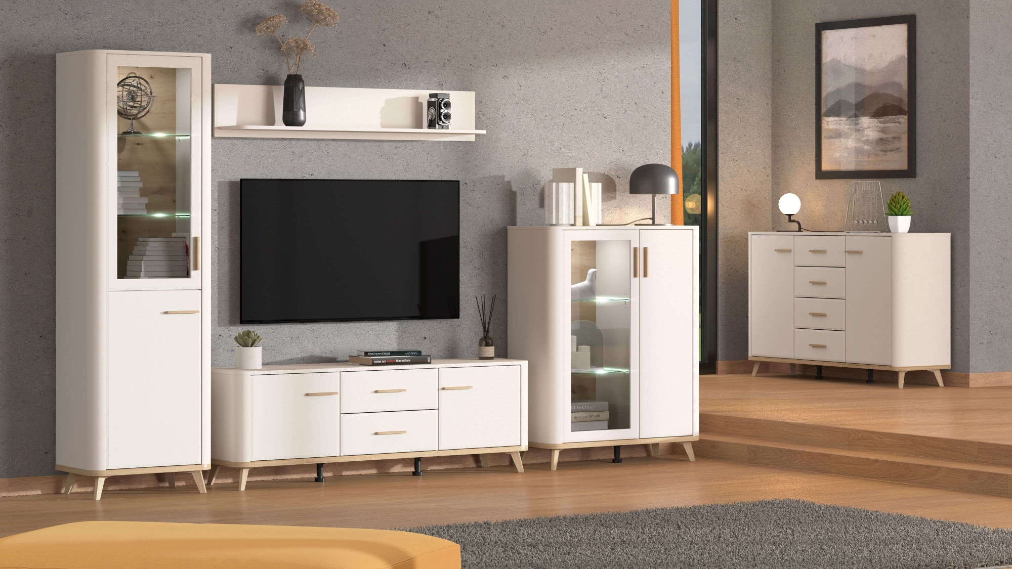 Home affaire Lowboard »Darwen TV-Board, TV-Kommode, TV-Schrank, TV-Unterschrank, TV-Möbel« Abgerundete Kanten, matte Kaschmir-Oberflächen, mit 2 Schubladen