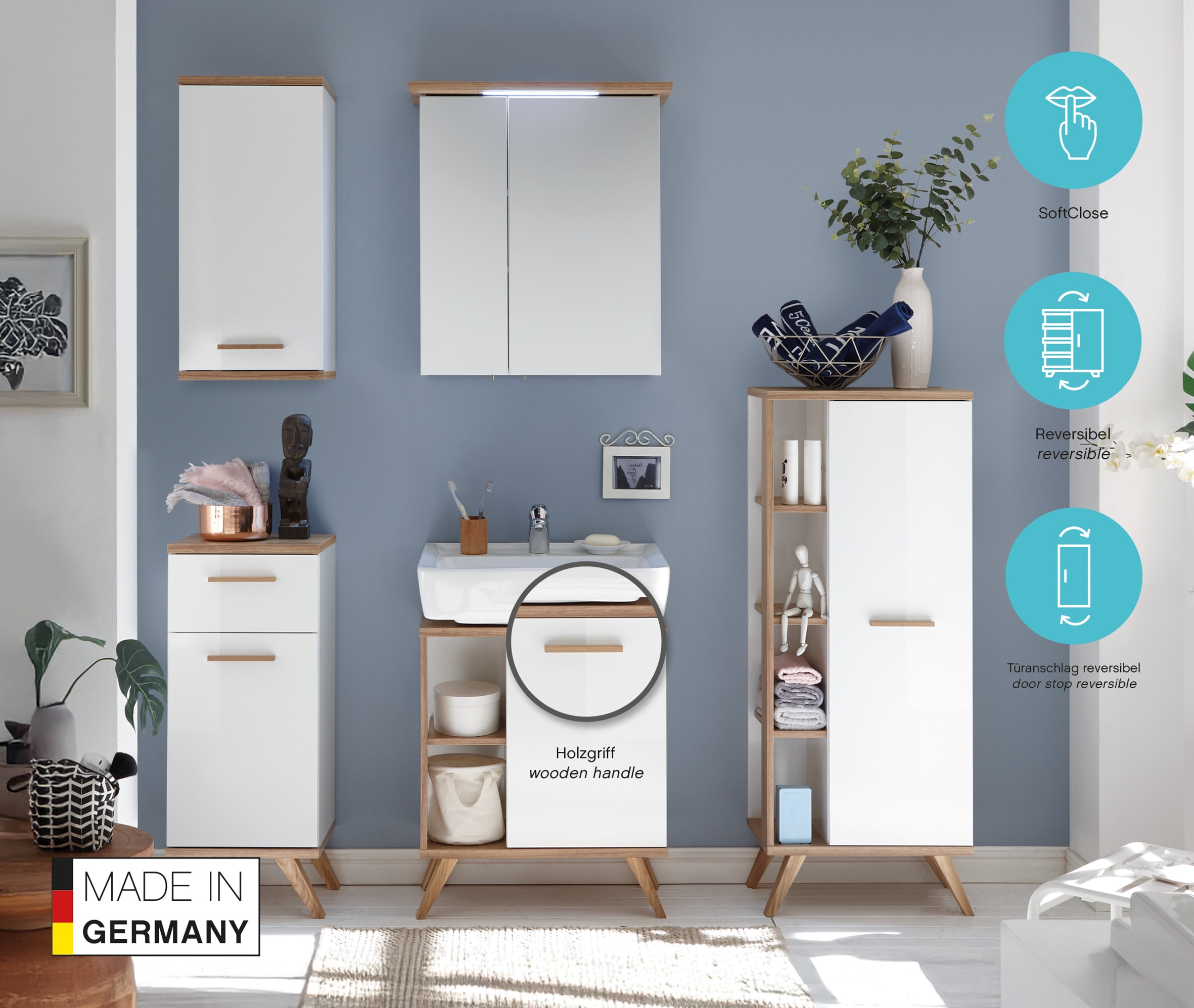 Saphir Hängeschrank »Quickset Badschrank 35,5 cm breit mit 1 Tür und 2 Glas-Einlegeböden« Badezimmer-Hängeschrank inkl. Türdämpfer, Holzgriffe