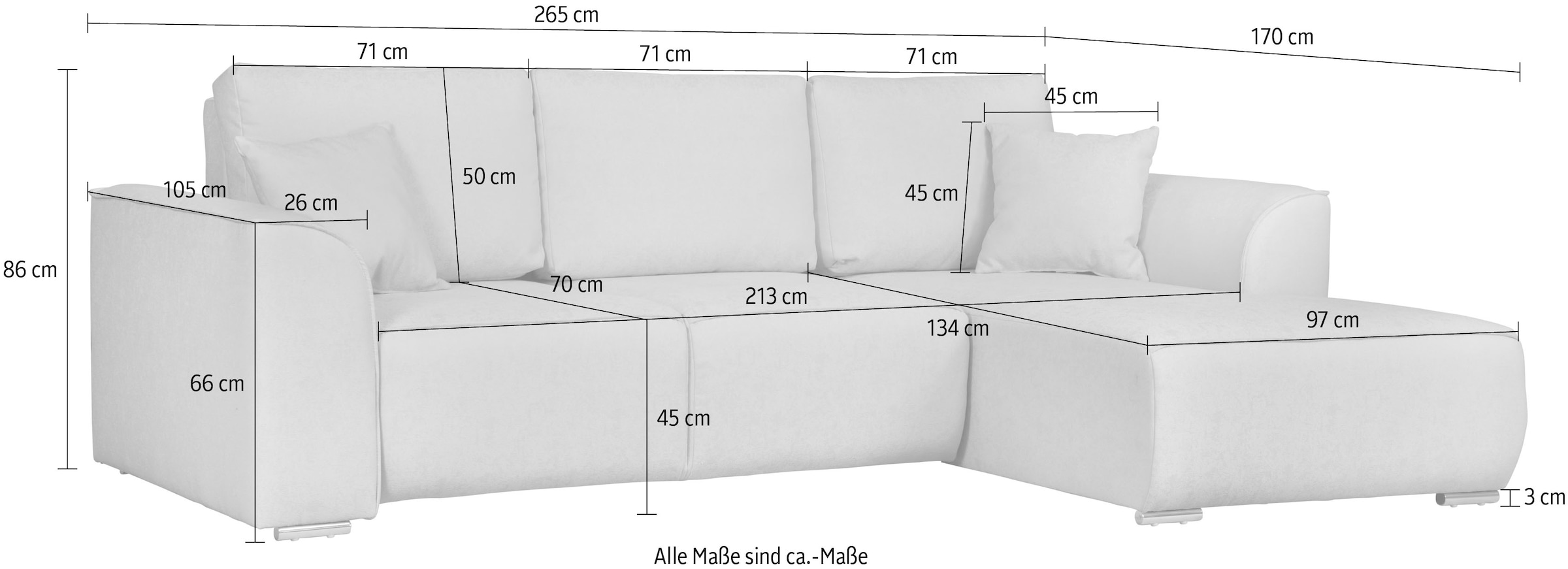 INOSIGN Ecksofa »BEATRICE optionale Schlafsofa mit Bettkasten, B/T/H: 265/170/86 cm« L-Form, wahlweise auch mit Bettfunktion und Bettkasten