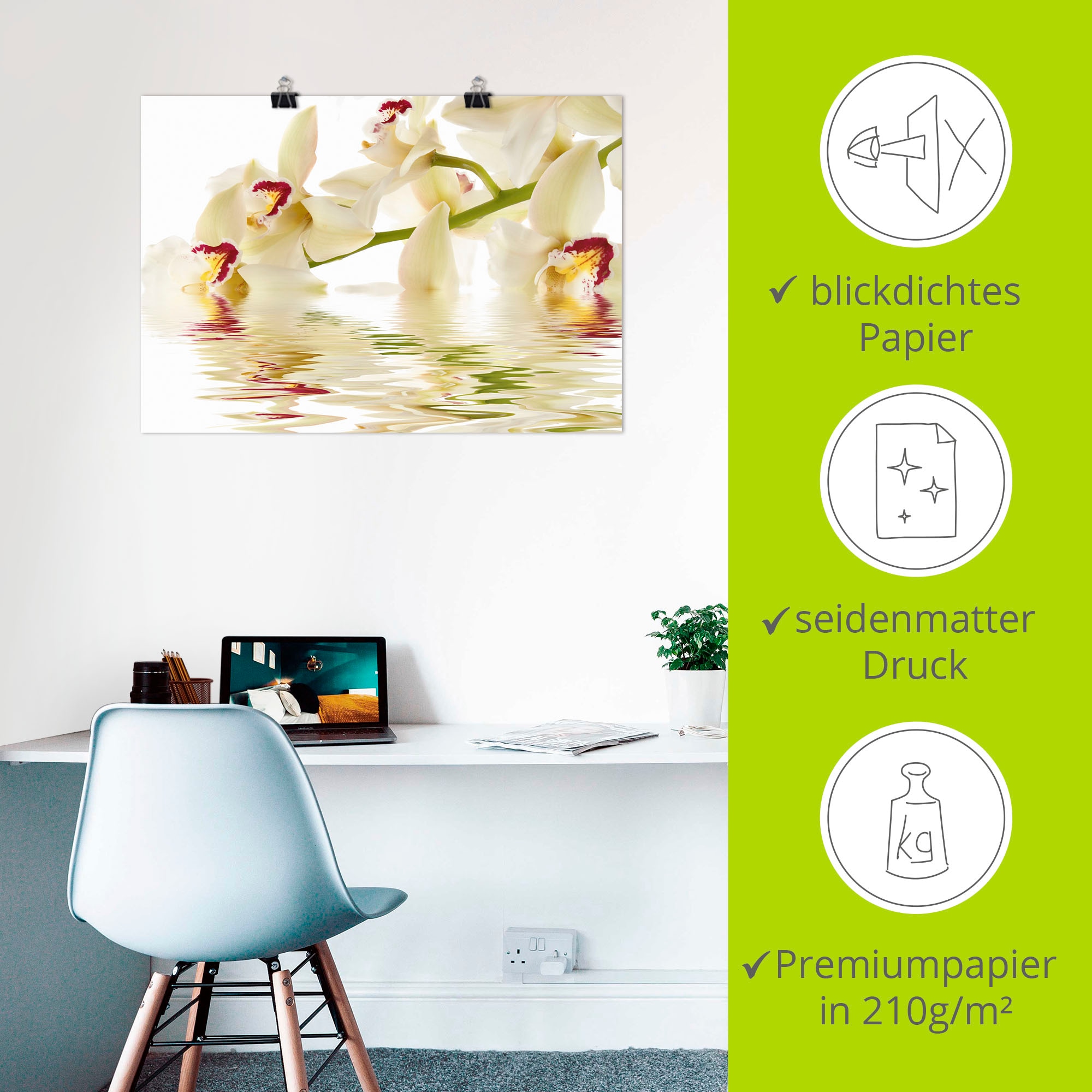 Artland Wandbild »Weiße Orchidee mit Wasserreflektion« Blumen 1 Stk. tlg. als Leinwandbild, Poster in verschied. Größen