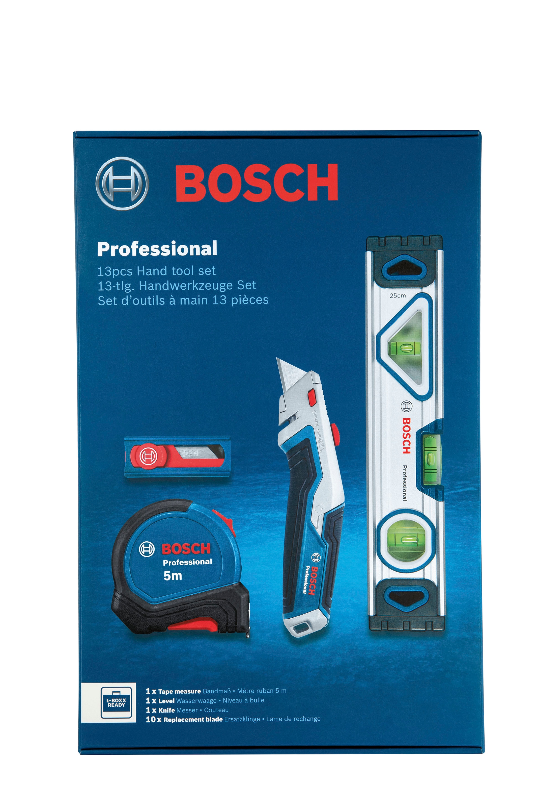 Bosch Professional Werkzeugset »(1600A027M3)«, 13-tlg., Wasserwaage, Maßband, Universalmesser und Ersatzklingen