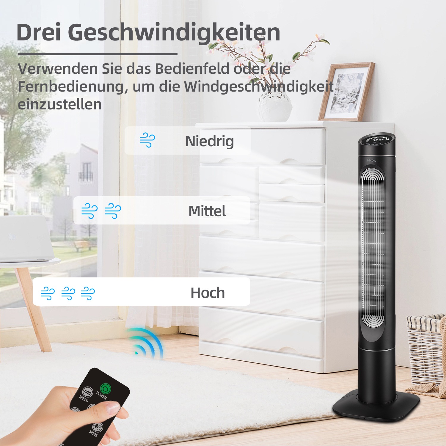 be cool Turmventilator »Turmventilator 127cm mit Display BC50TFWTS schwarz/weiß«, Temperaturanzeige, Ionisator