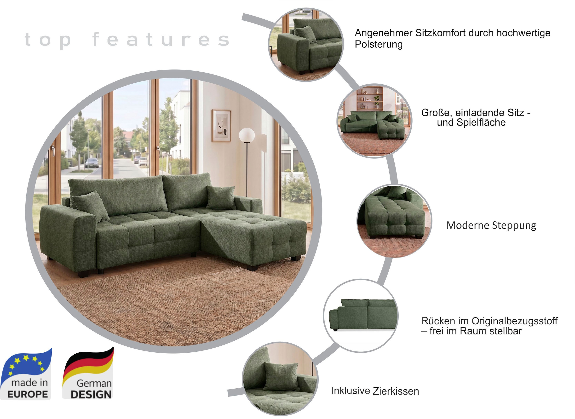 OTTO home Ecksofa »Bella Couch L-Form, B: 234 cm, Zierkissen inklusive« optional Schlaffunktion & Bettkasten, Wohnkomfort