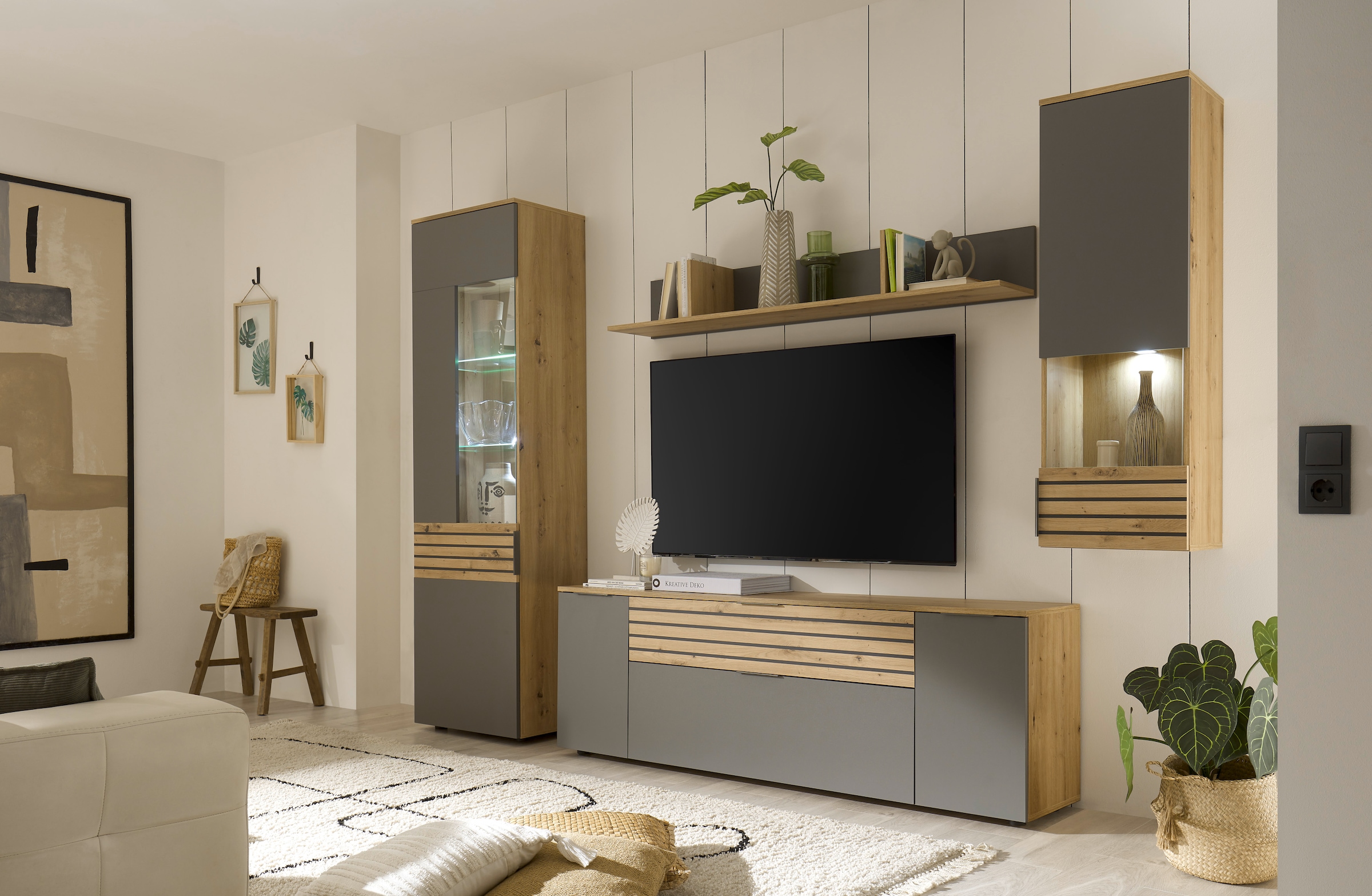 HBZ Wohnwand »inkl. LED-Beleuchtung Eiche Stripes Dekor, BxHxT 265x199x37 cm«, (Set, 4 St.), Vitrine inkl. LED-Beleuchtung, Lowboard, Wandboard und Hängevitrine