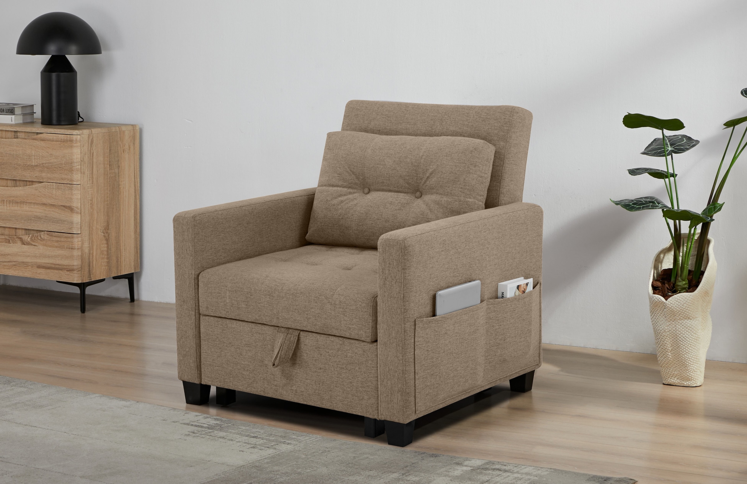 OTTO home Sessel »TYLLI, 91 cm, wandelbar zum Gästebett, Schlafliege, klappbar« verstellbarer Rückenlehne, Klappmechanismus, Webstoff