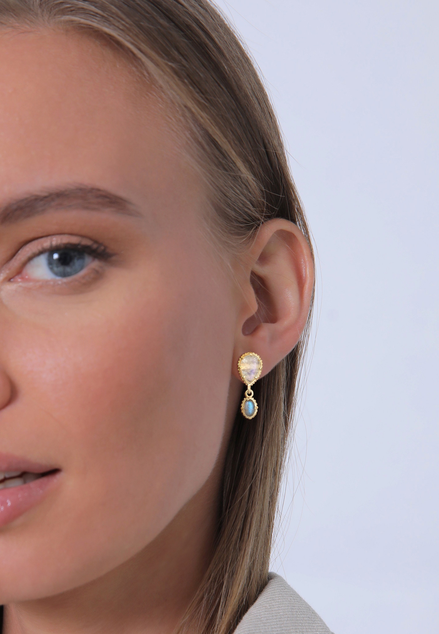 Elli Premium Paar Ohrhänger »Ohrringe Ohrhänger Labradorit Grau 925 Sterling Silber vergoldet«