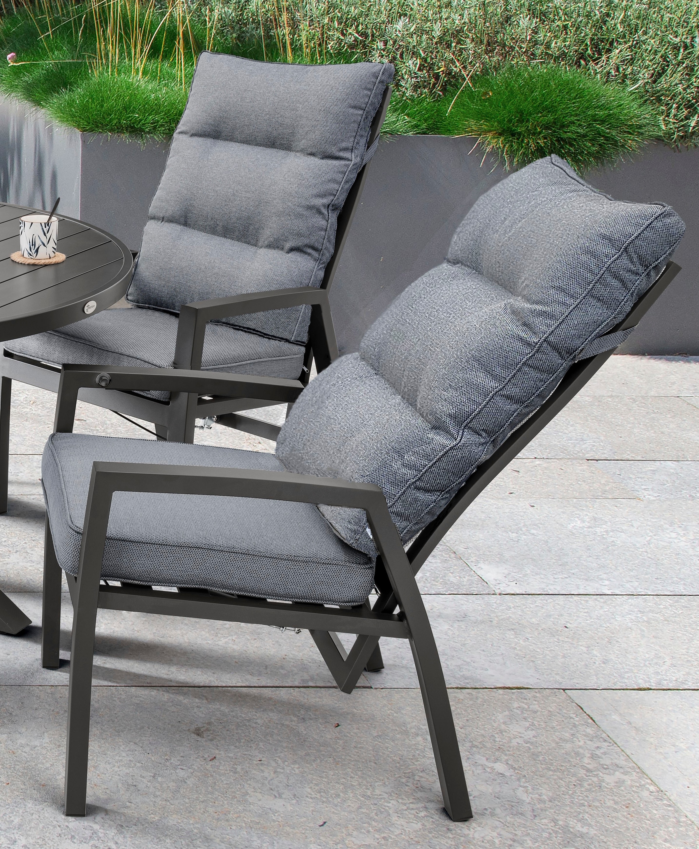 Destiny Garten-Essgruppe »GARDA HL ARONA«, (Set, 5 tlg., 1 Ausziehtisch, 4 Hochlehner verstellbar), (Set, 9-tlg., 4 Hochlehner, 1 Ausziehtisch Ø 120/170x75cm) Aluminium