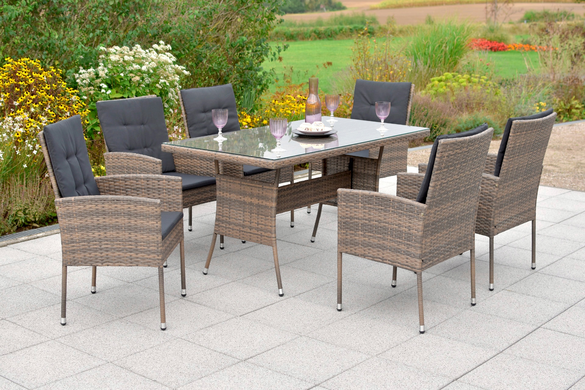 MERXX Garten-Essgruppe "Menorca" Set, 19 Stk. tlg. 6 Sessel, 6 Sitzkissen, 6 Rückenkissen, Tisch