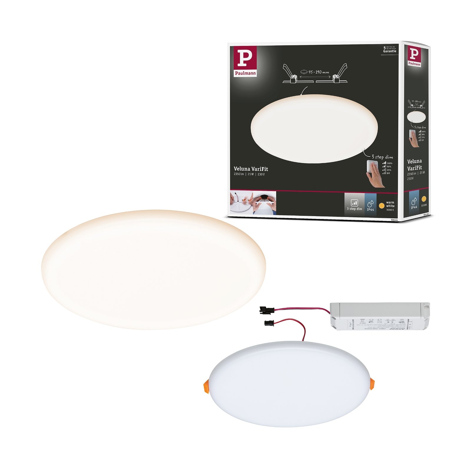 Paulmann LED Einbauleuchte »VariFit Veluna IP44 rund 215mm 21W 1650lm 3000K Satin 3-Step-Dim«, 1 flammig, Einbaupanel, dimmbar