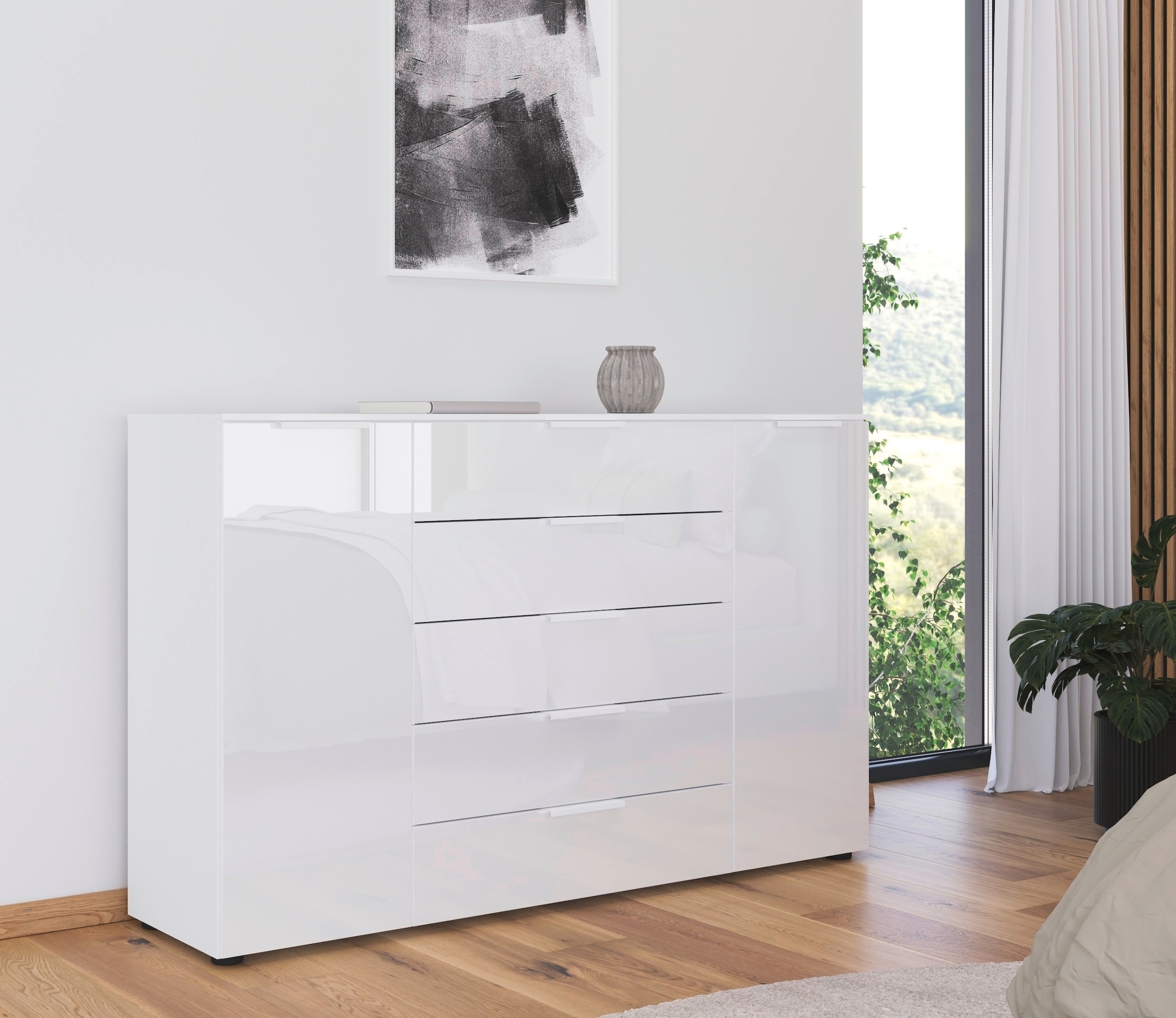 rauch Schubkastenkommode »Kommode Türkommode Sideboard Kombikommode FLIPP mit Glasfront« Breite 160/180 cm mit 4 Einlegeböden,  2-trg mit 5 Schubladen und Soft-Close, 2 Breiten MADE IN GERMANY