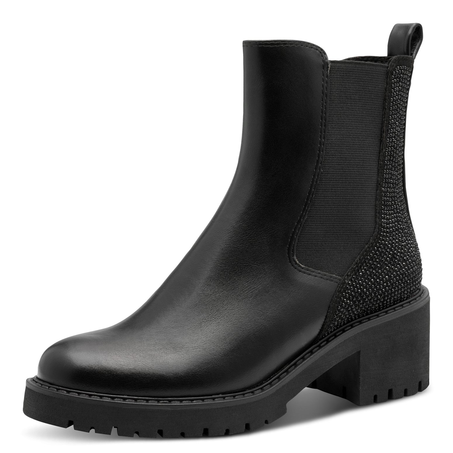 MARCO TOZZI Chelseaboots  , Blockabstz, Stiefelette mit funkelenden Strasssteinchen besetzt