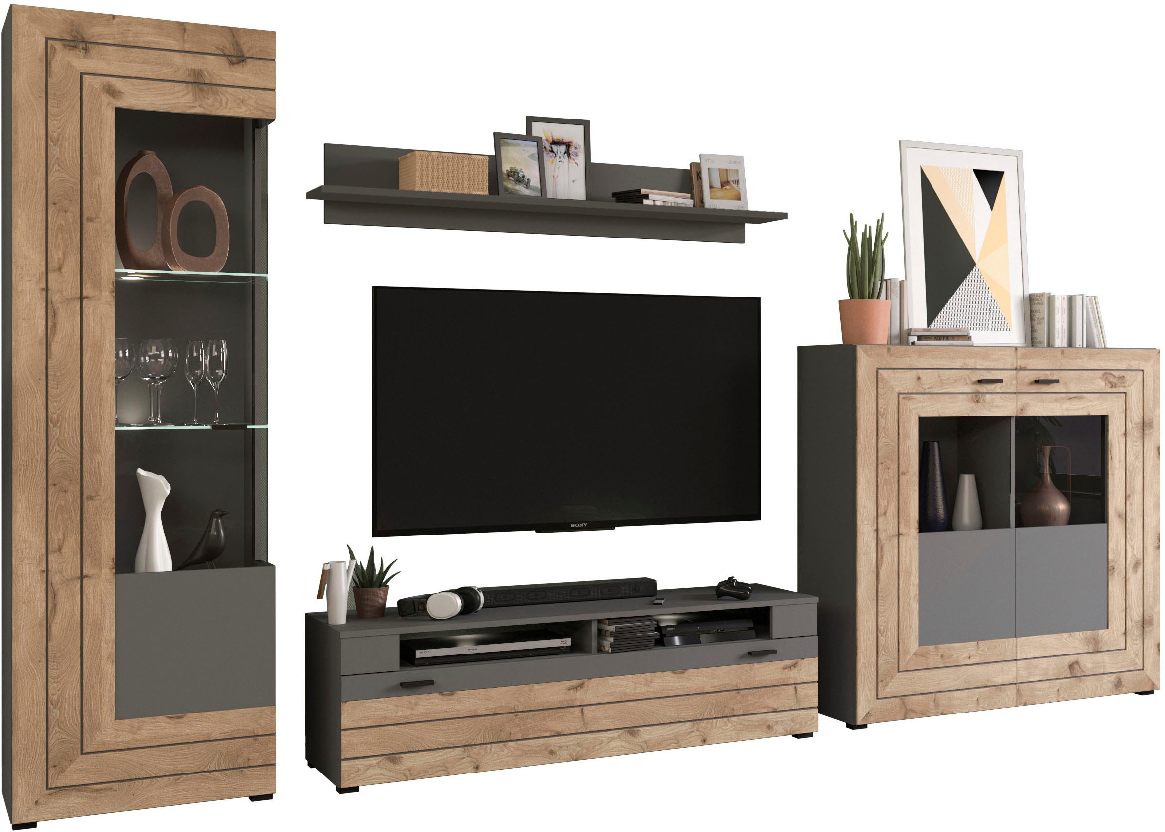 INOSIGN Wohnwand »Aalborg, Breite 350cm, 2-farbig,Metallgriffe, 4-teilig, bestehend aus:«, (4 St.), 1x Vitrine, 1x Lowboard, 1x Wandboard und 1x Highboard