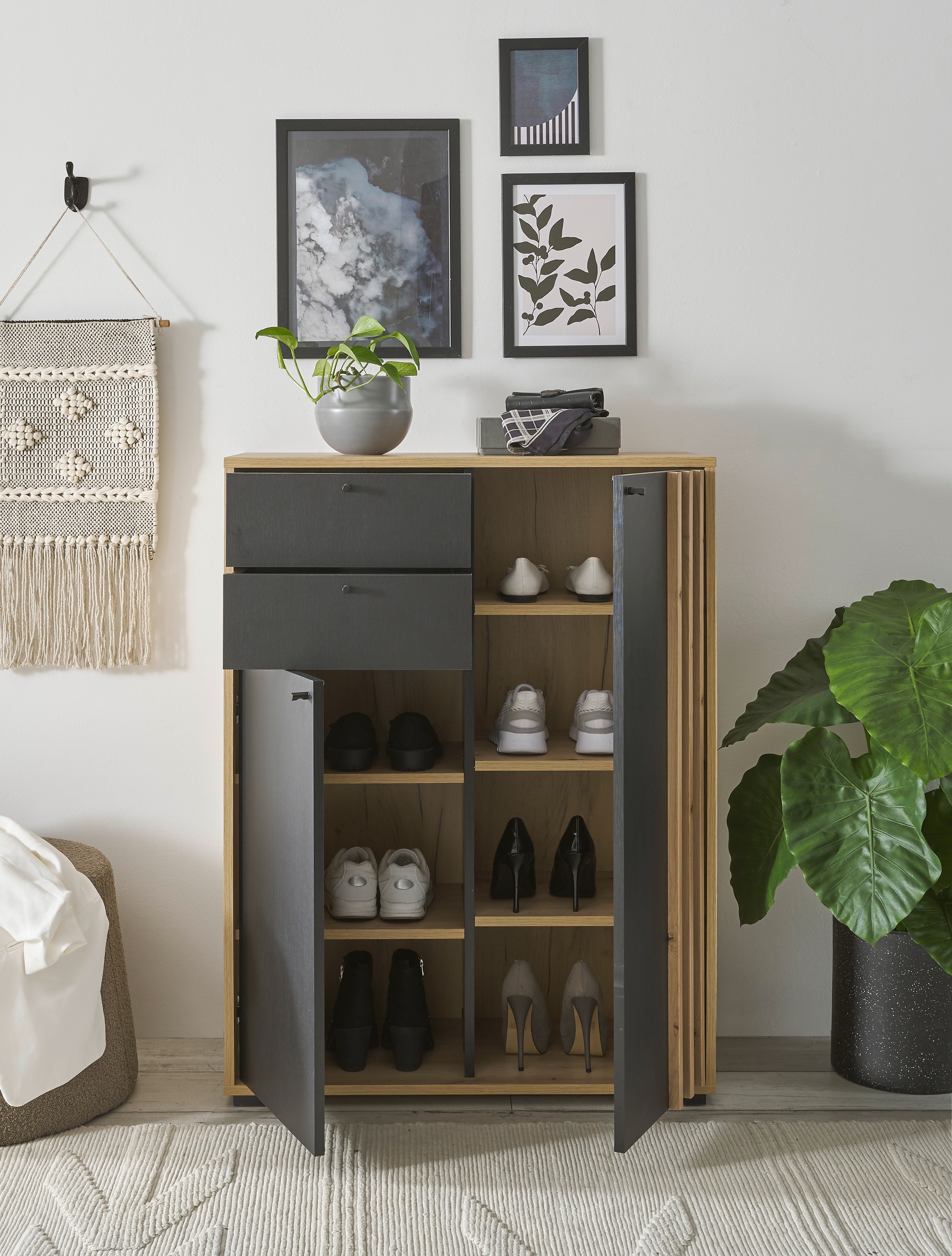HBZ Garderoben-Set »5-tlg. Eiche MDF Stripes Flurgarderobe Stellmaß BxHxT 230x196x38 cm«, (5 St.), Mit Schuhkommode, Hochschrank, Bank, Paneel, Spiegel