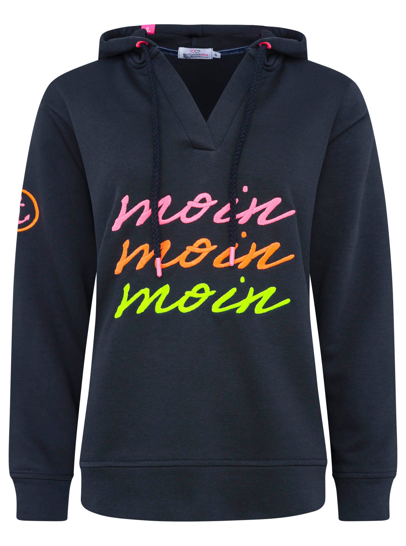 Zwillingsherz Hoodie »"Moin Moin Moin"«, V-Ausschnitt, bunte Stickerei, Kapuze, Kordelzug