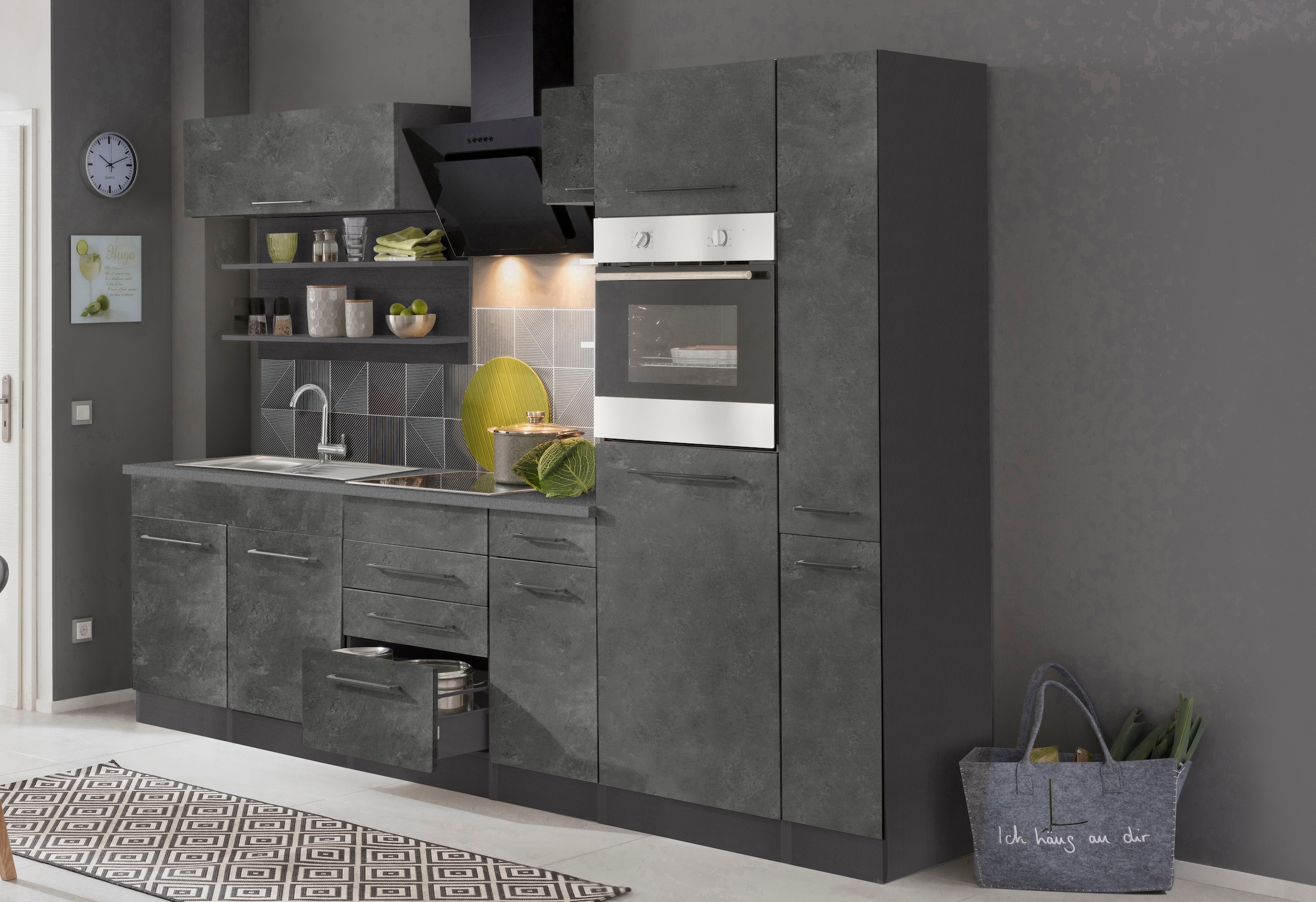 KOCHSTATION Küchenzeile "KS-Tulsa" ohne E-Geräte, Breite 300 cm, schwarze Metallgriffe, MDF Fronten