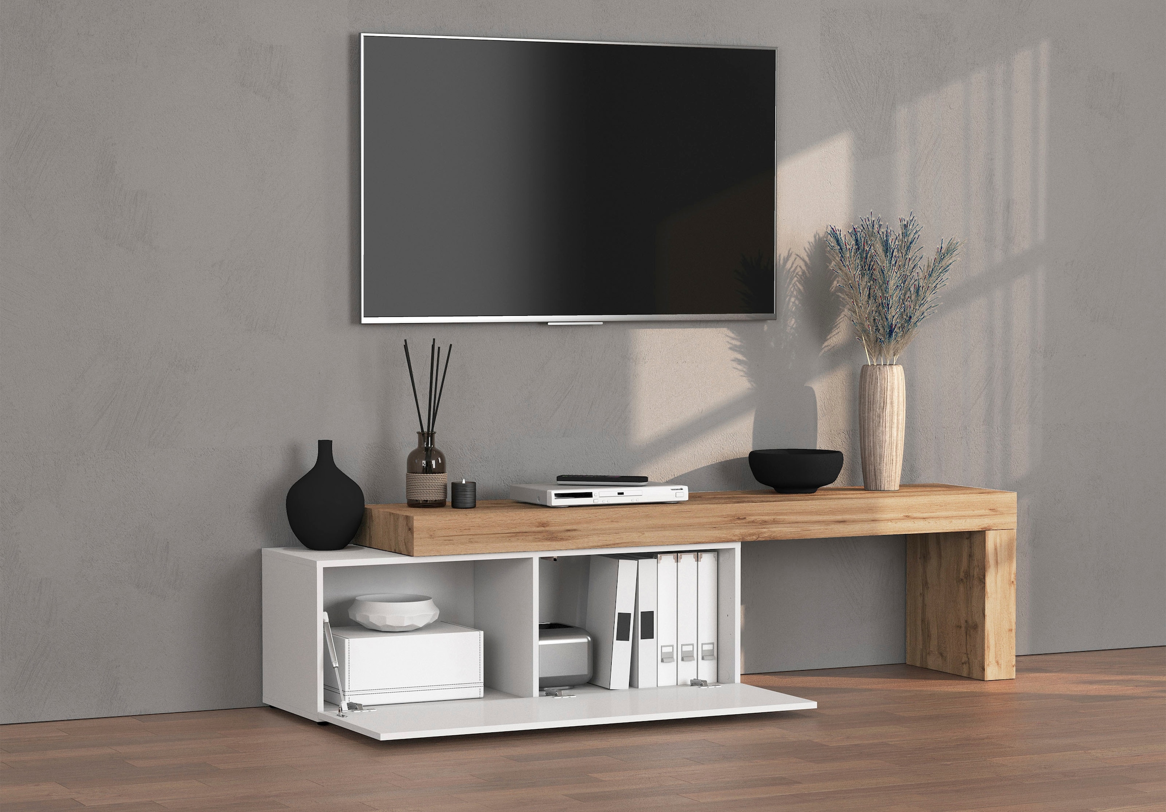 INOSIGN Lowboard »Chronos TV-Board, T-Schrank«, (1 St., Breite verstellbar von 180 bis 290 cm), Breite 240 cm TV-Board,Lowboard,1 Klappe und ein L-Förmiger Aufsatz