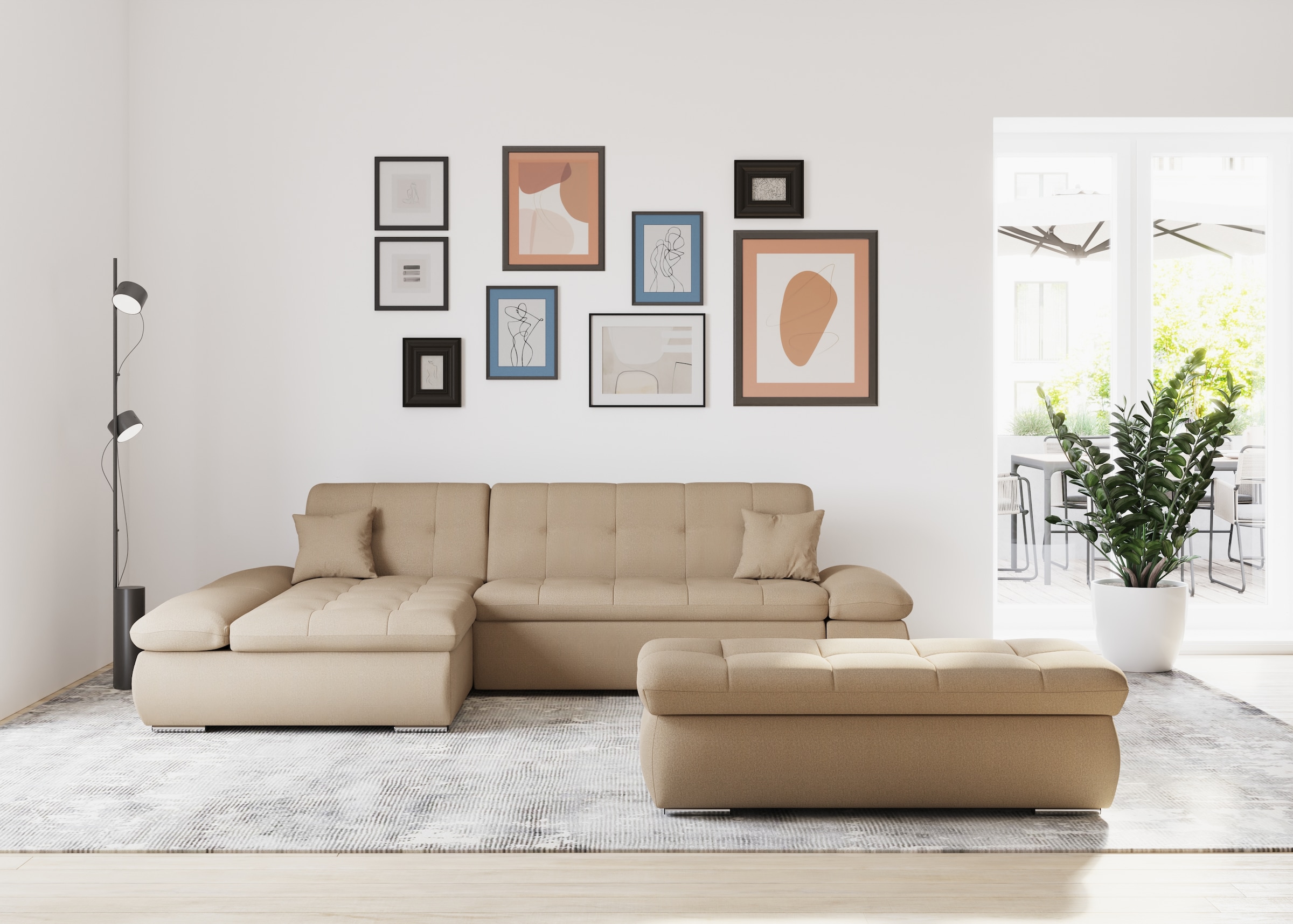 DOMO collection Ecksofa »Moric, L-Form, XXL-Sofa - Breite 300cm«, wahlweise mit Bettfunktion und Armteilverstellung, cappucino