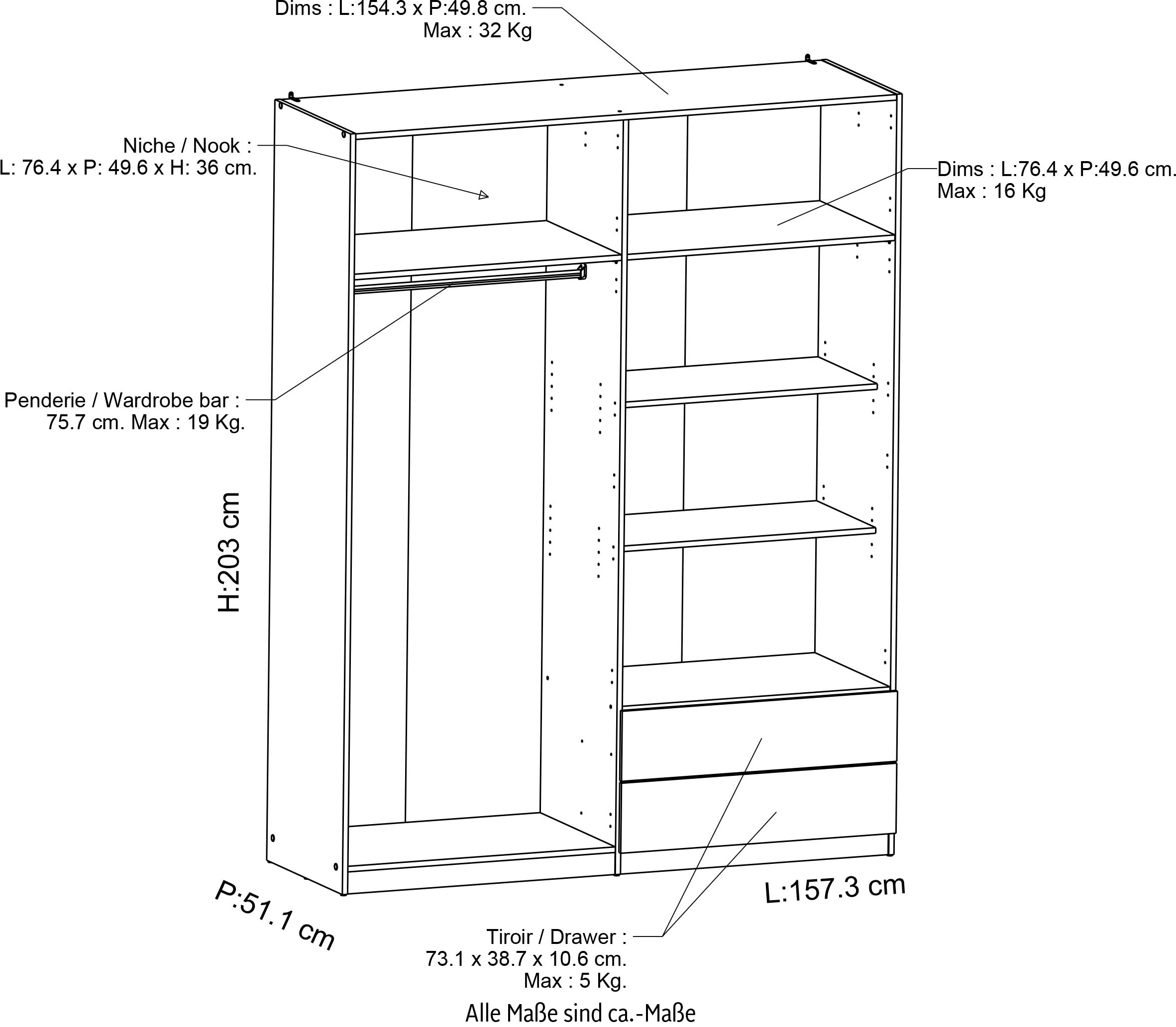 Demeyere GROUP Drehtürenschrank »Kinderkleiderschrank, 4 große Türen,4 kleine Türen, 2 Schubladen«, Breite ca. 157cm,Höhe ca. 200cm,viel Stauraum,mit Innenaustattung