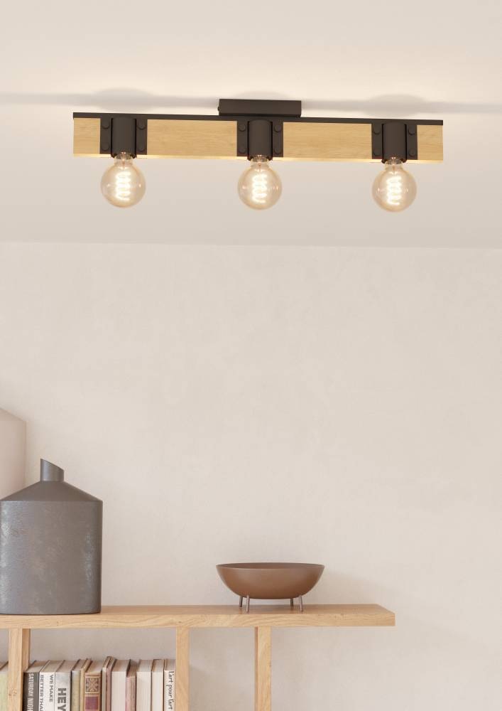 EGLO Deckenleuchte »BAILRIGG Deckenlampe, Stahl und Holz, E27, Flurlampe, Wohnzimmerlampe«, 3 flammig, Leuchtmittel E27 | ohne Leuchtmittel, Holz in Natur und Metall in Schwarz, Deckenspot mit E27 Fassung