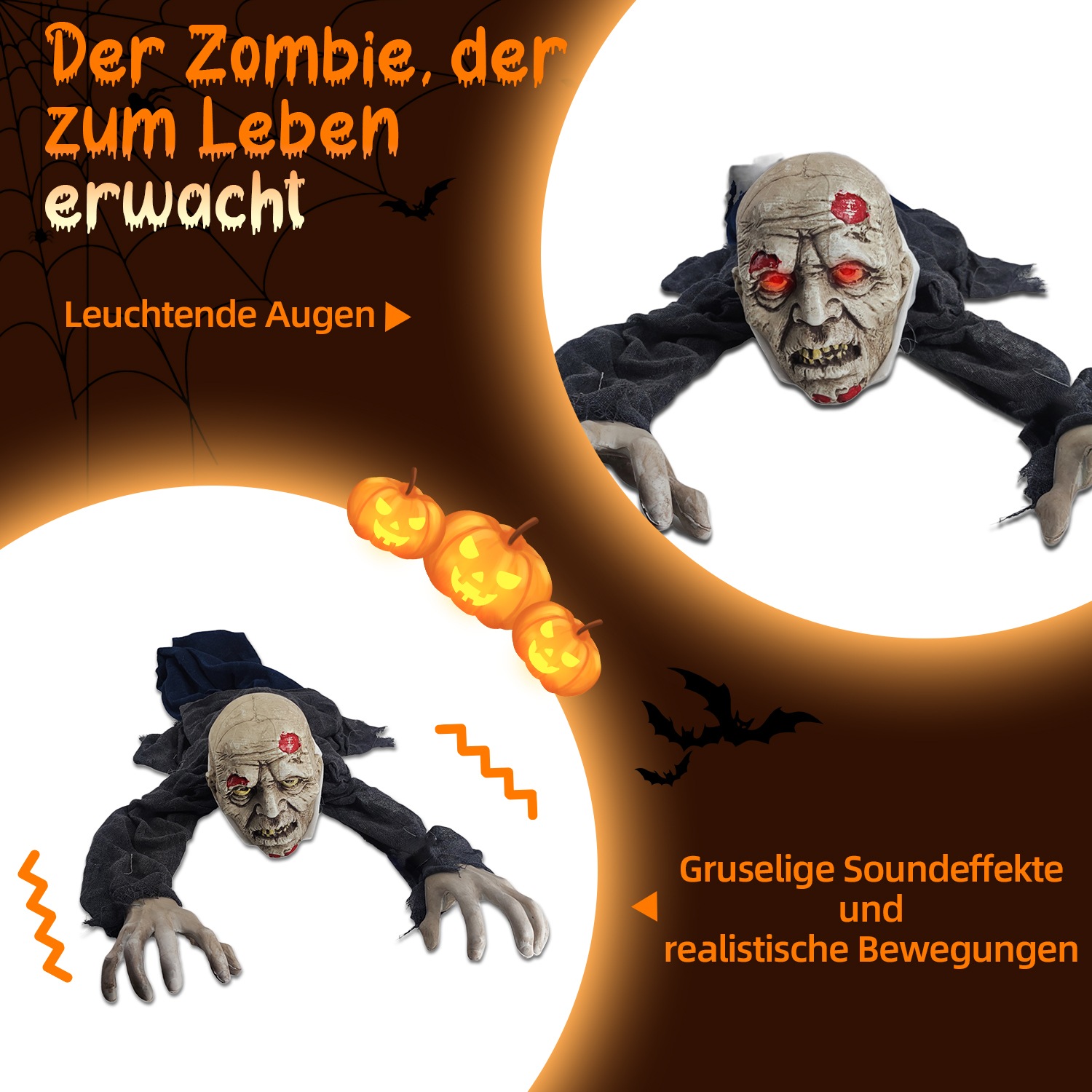 SHX Dekofigur »Animierter kriechender Zombie«, Bewegung, leuchtende Augen, Soundeffekt