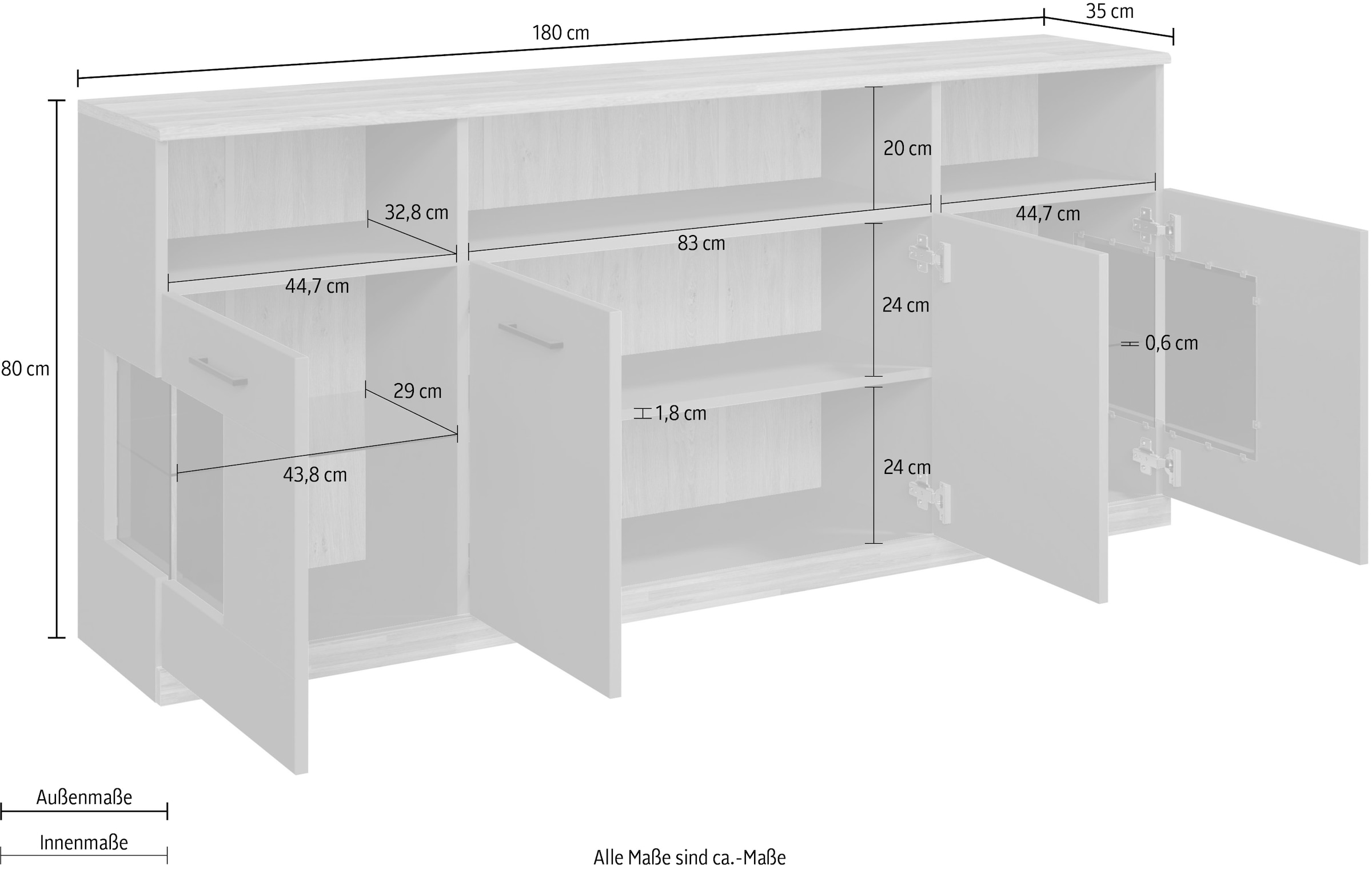 OTTO home Sideboard »Ribe,180cm breit,80cm hoch, 9 Fächer« Oberplatte Eiche massiv,schwarze Metall Griffe,2 Türen mit Glaseinsatz