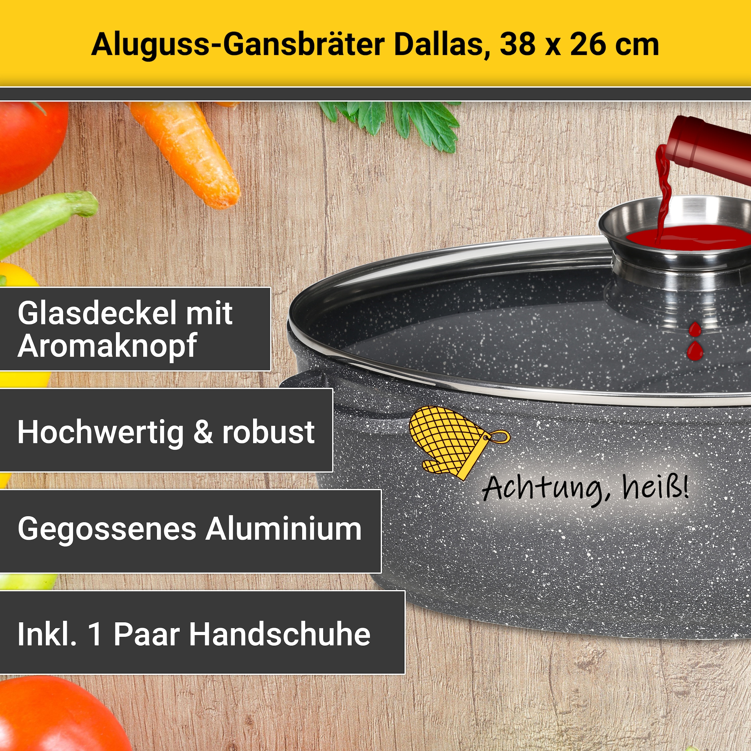 Krüger Bräter »Aluguss Gansbräter mit Glasdeckel und Aromaknopf Dallas, 38 x26 x13 cm«, Aluminiumguss, (1 tlg.), für Induktions-Kochfelder geeignet