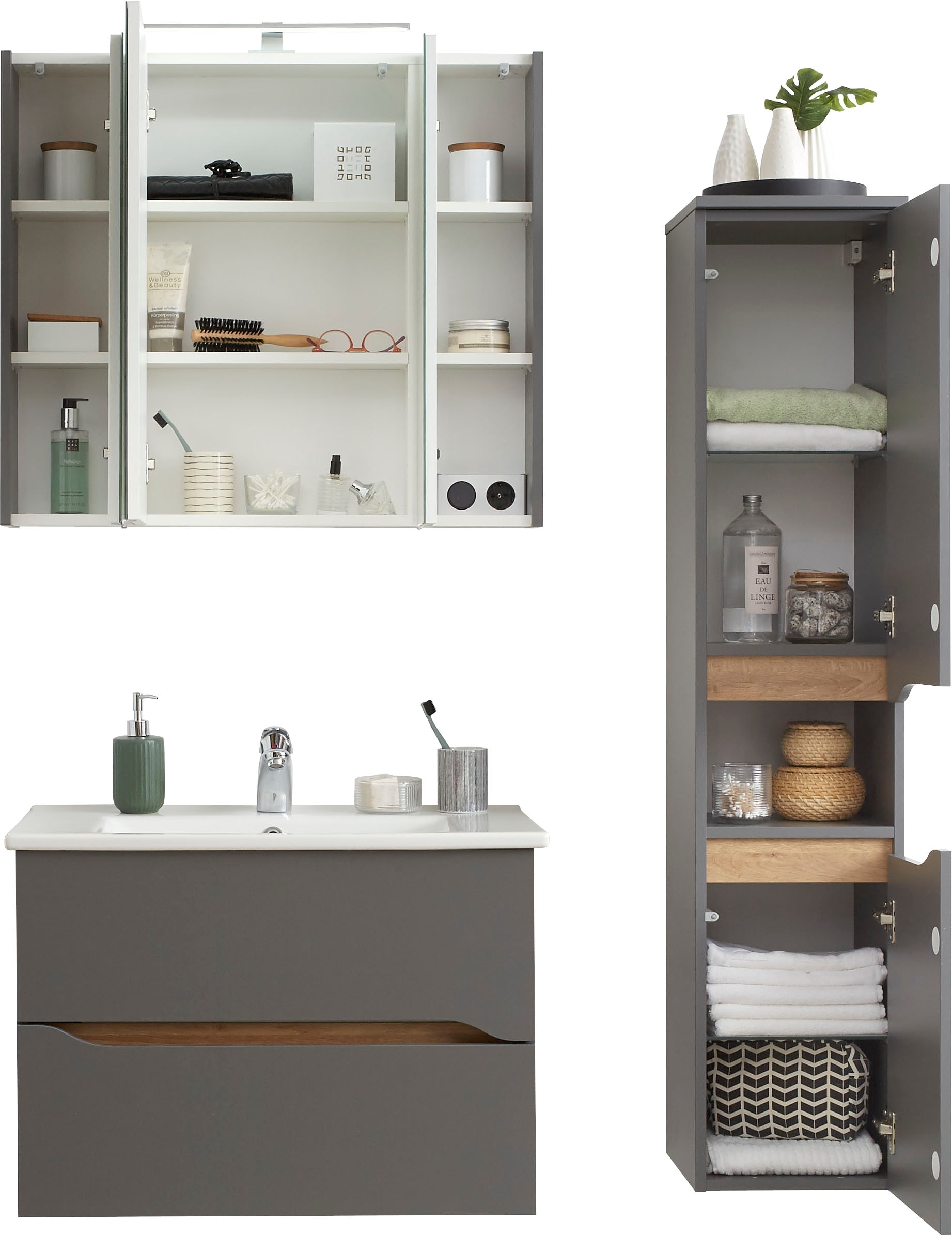 Saphir Badmöbel-Set »Quickset 3-teilig, Keramikwaschtisch mit LED-Spiegelschrank« 3 Stk. tlg.