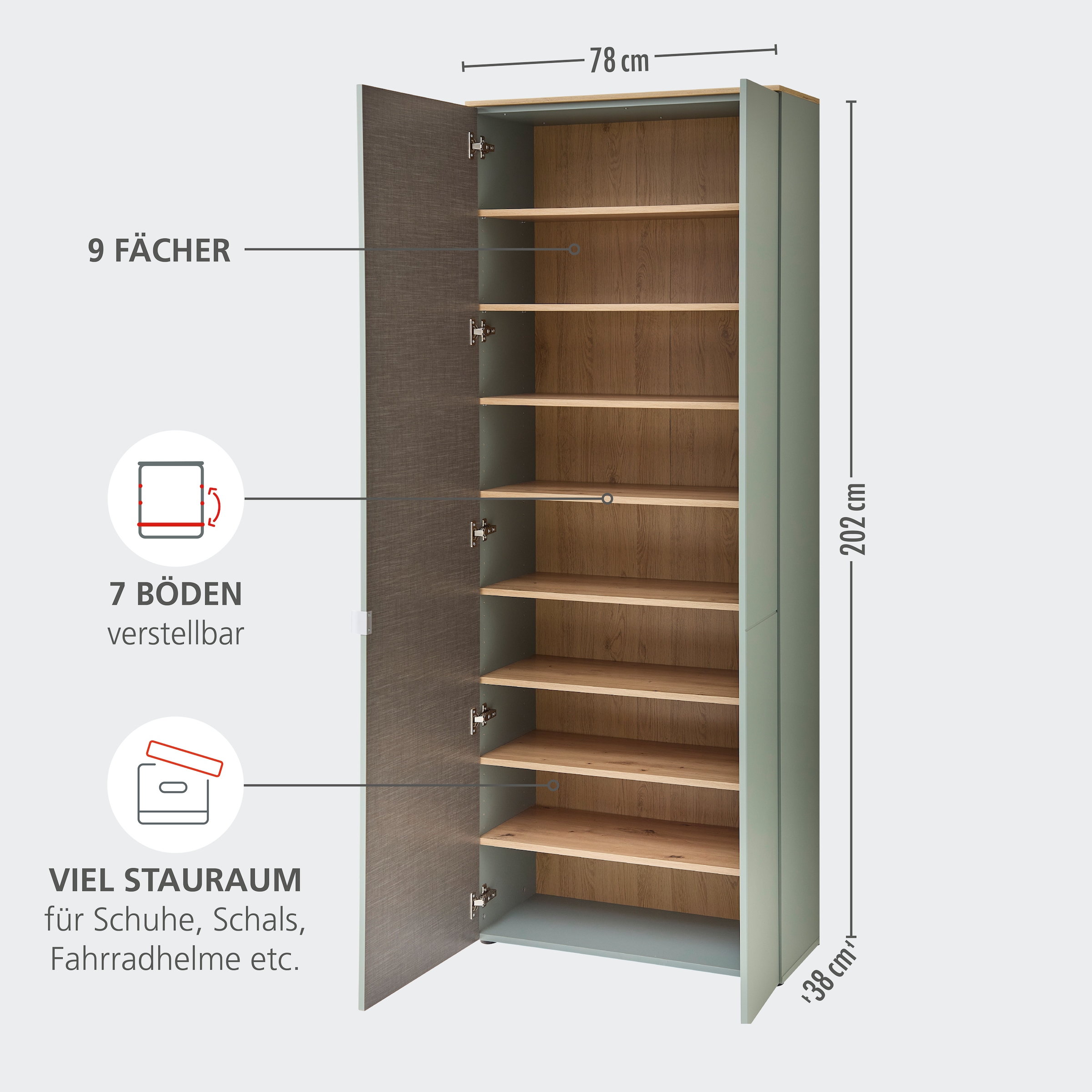 Innostyle Schuhschrank »Bari Schuhschrank, BxHxT 78x202x38 cm« 1 Stk. tlg. 2 türig, 9 Fächer, Softclose, ABS Kantenschutz